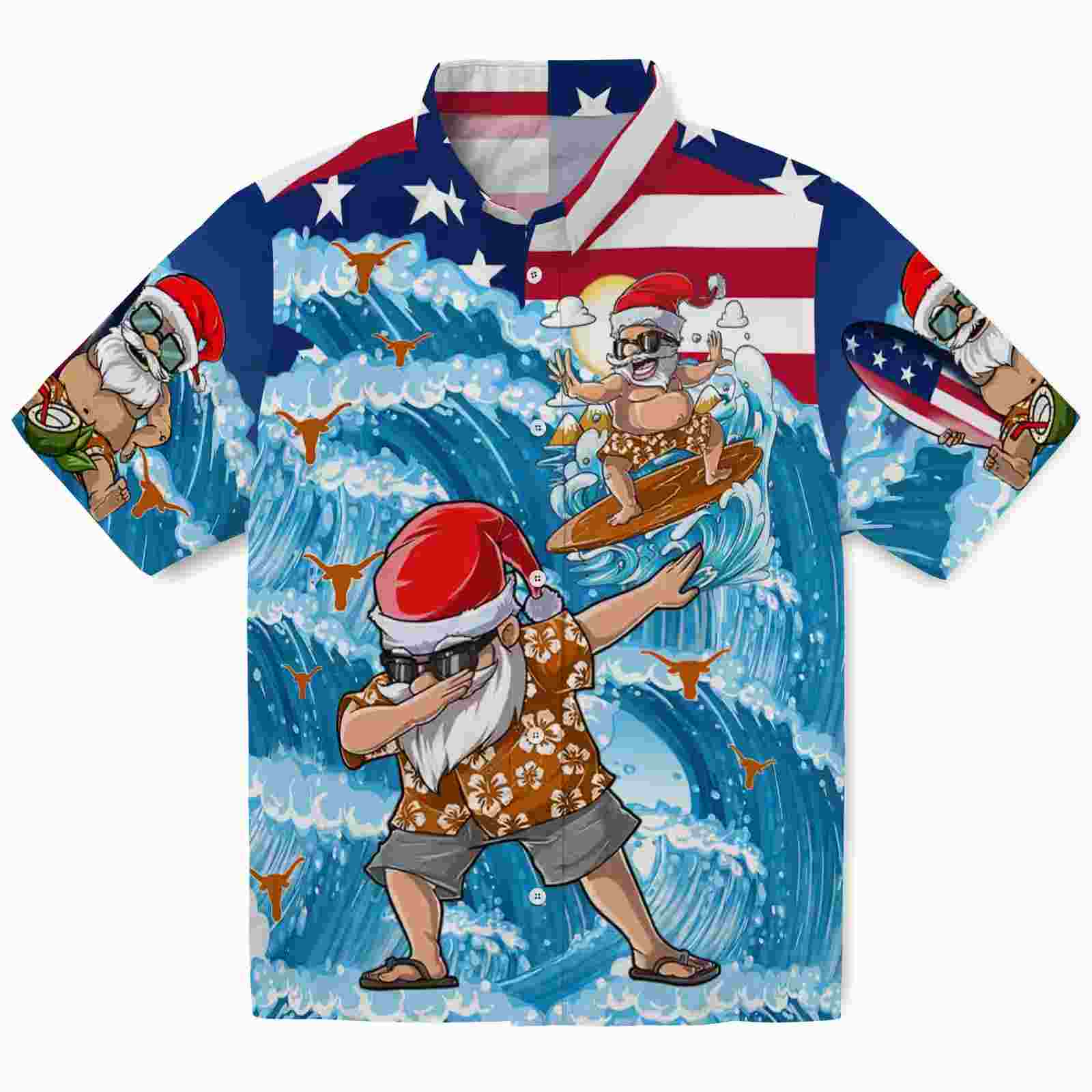 Texas Longhorns Surfing Santa Blue Hawaiian Shirt