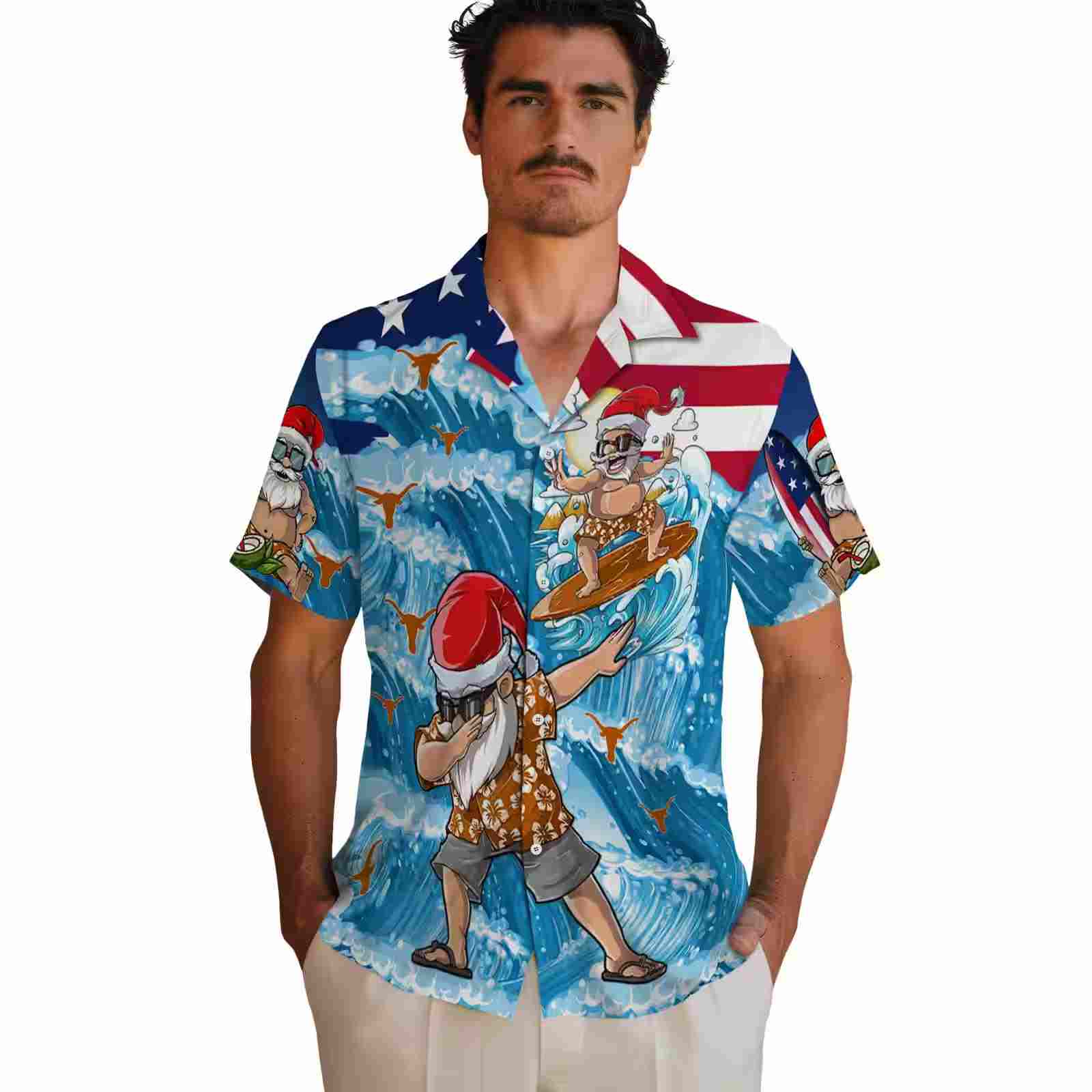 texas longhorns surfing santa blue hawaiian shirt fashion forward