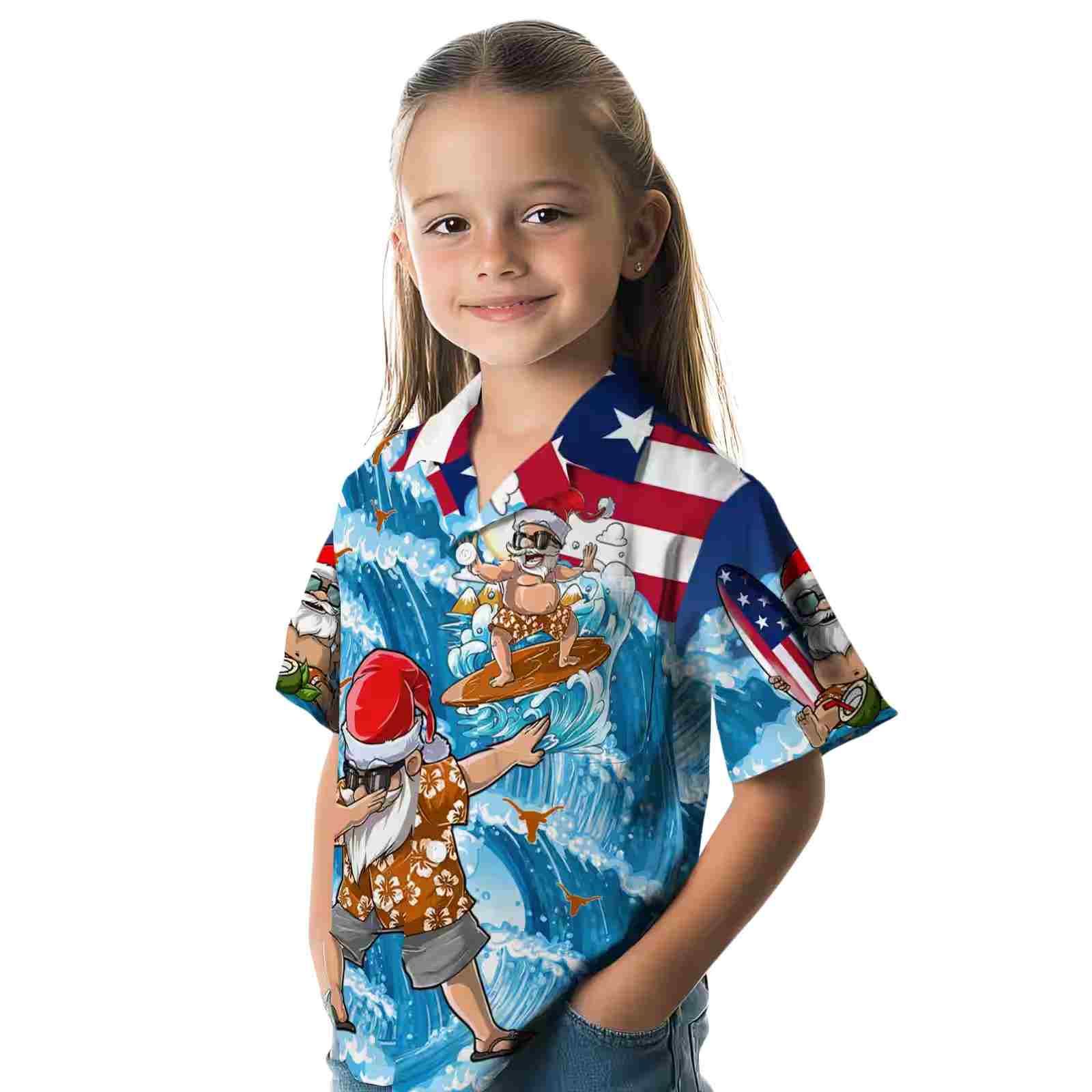 texas longhorns surfing santa blue hawaiian shirt premium grade