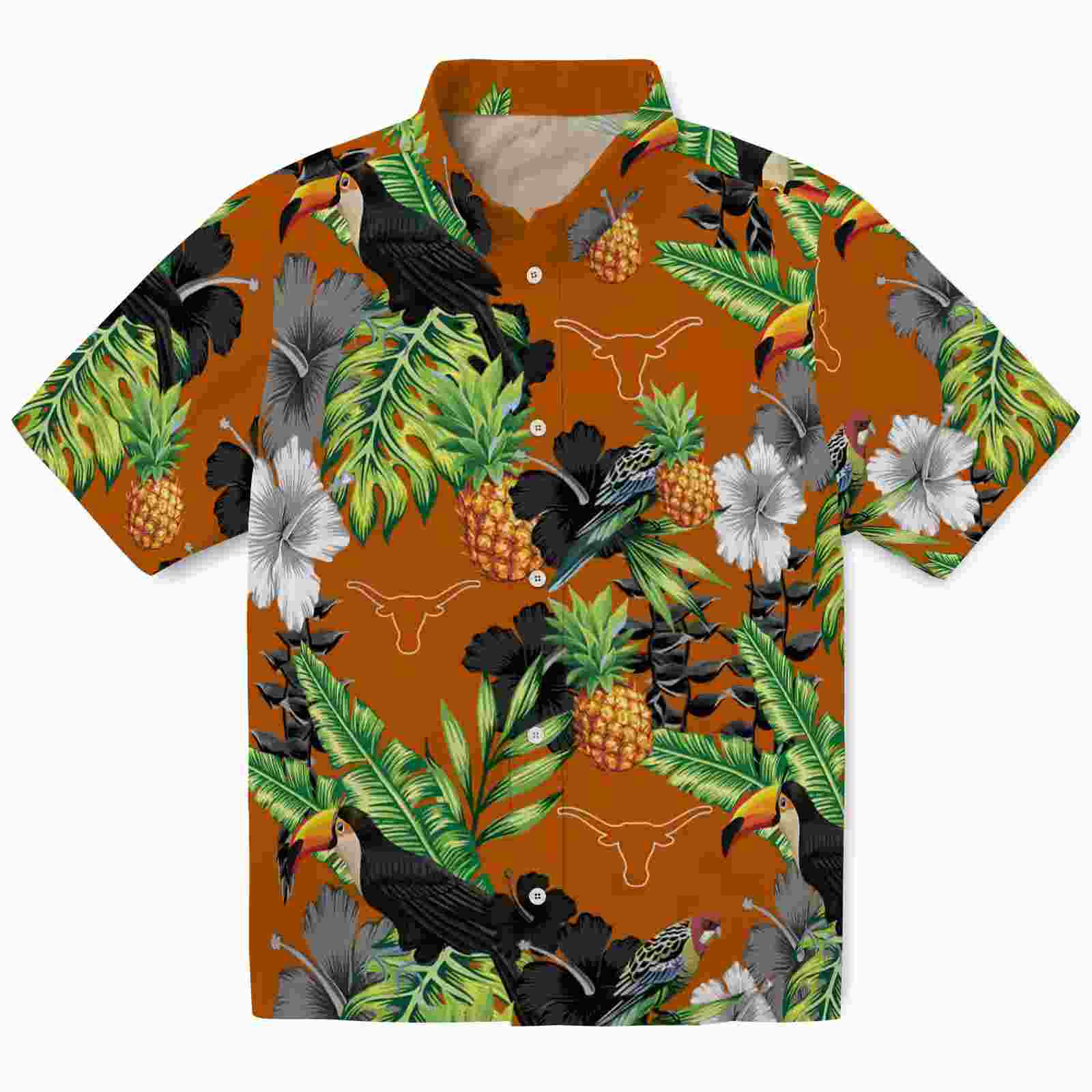 Texas Longhorns Toucan Hibiscus Pineapple Orange Green Hawaiian Shirt