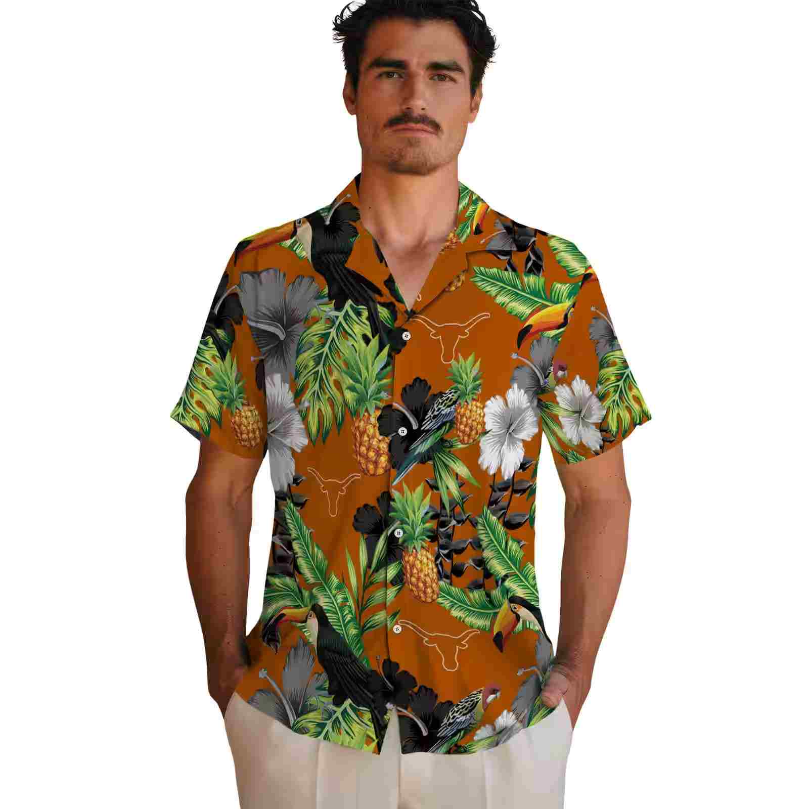 texas longhorns toucan hibiscus pineapple orange green hawaiian shirt fashion forward