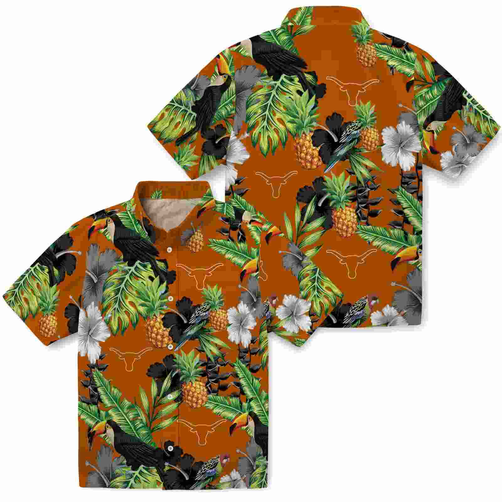 texas longhorns toucan hibiscus pineapple orange green hawaiian shirt high quality