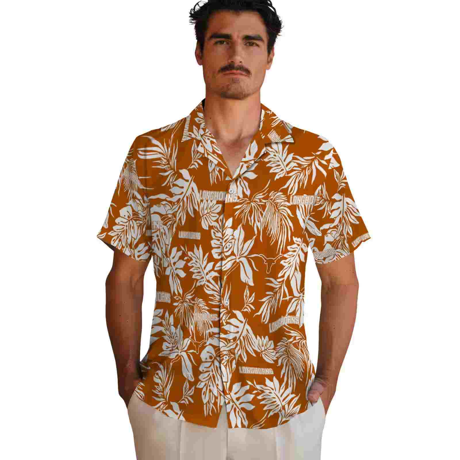 texas longhorns tropical leaf orange white hawaiian shirt fashion forward