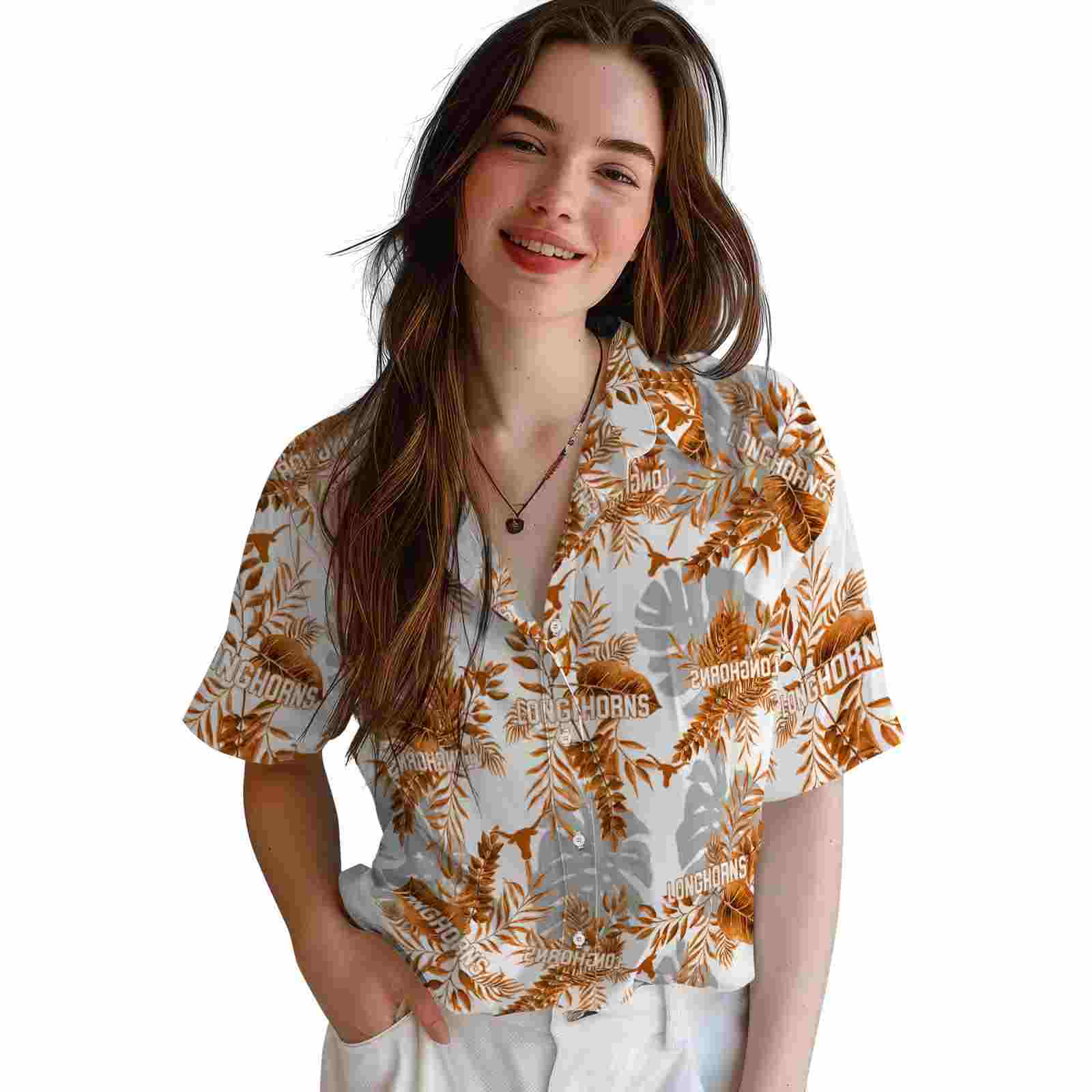 texas longhorns tropical leaves orange white hawaiian shirt latest model