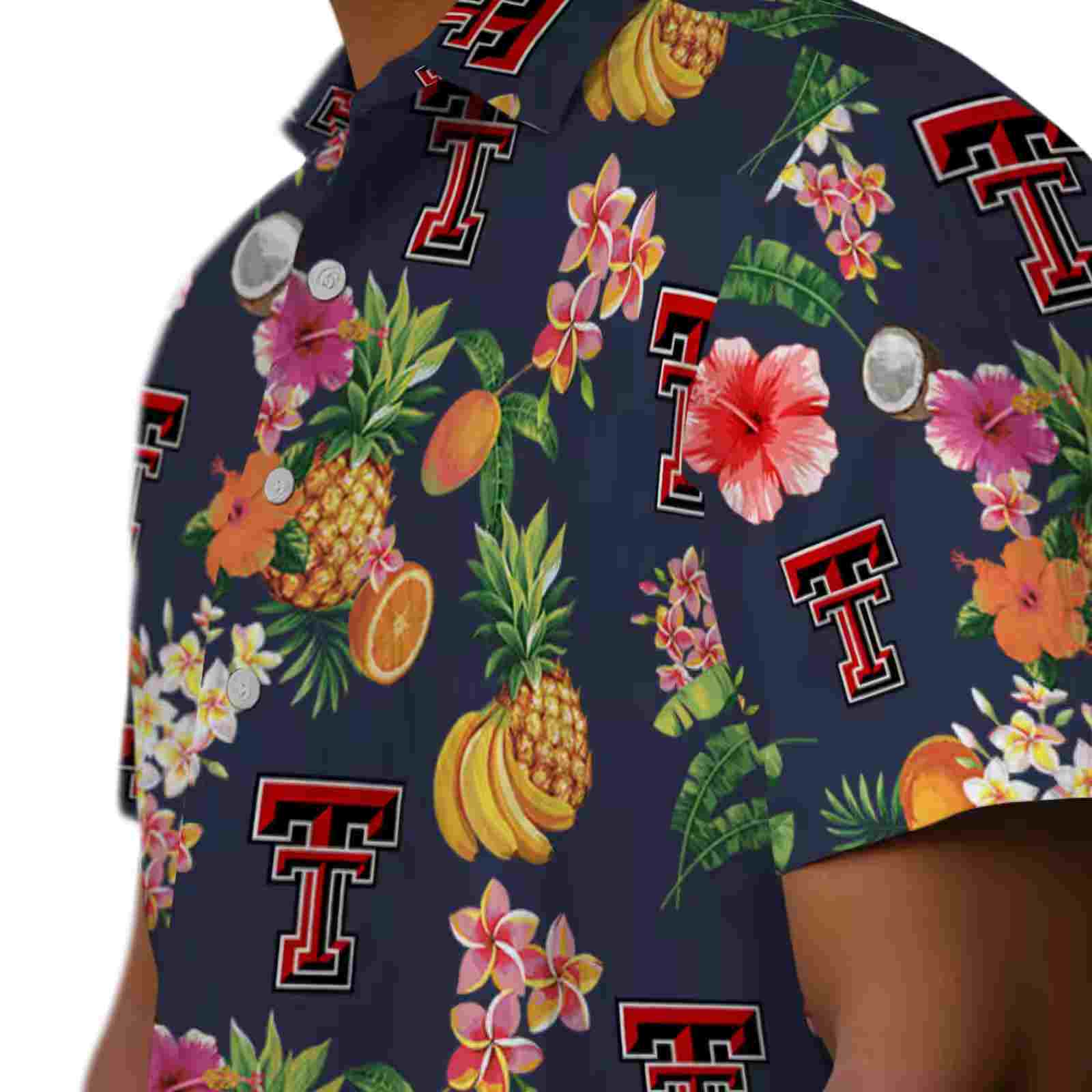 texas tech red raiders hibiscus and fruit navy blue hawaiian shirt trendy