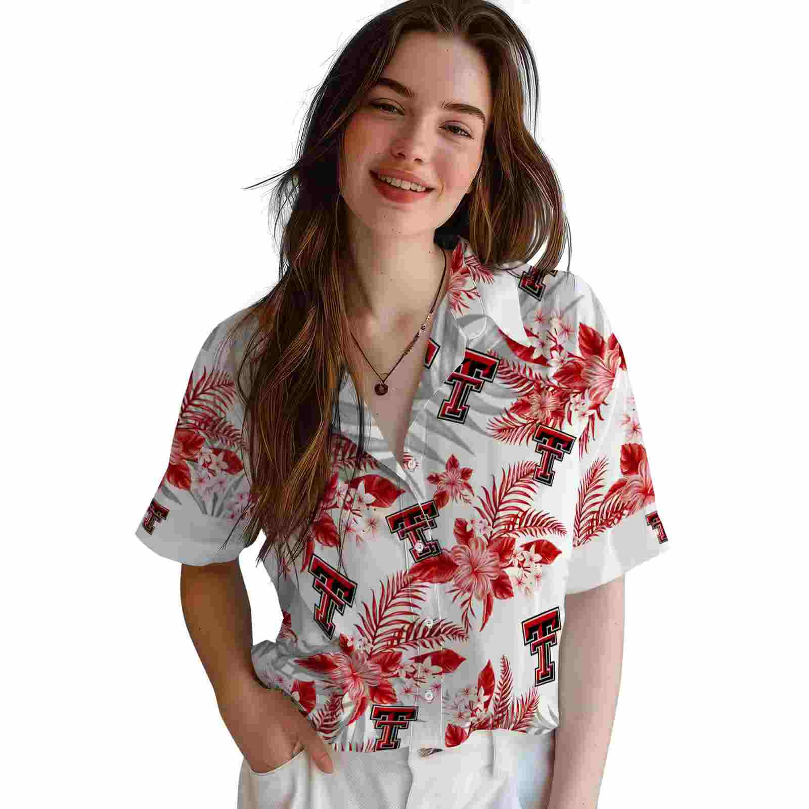 texas tech red raiders hibiscus palm leaves red white hawaiian shirt latest model