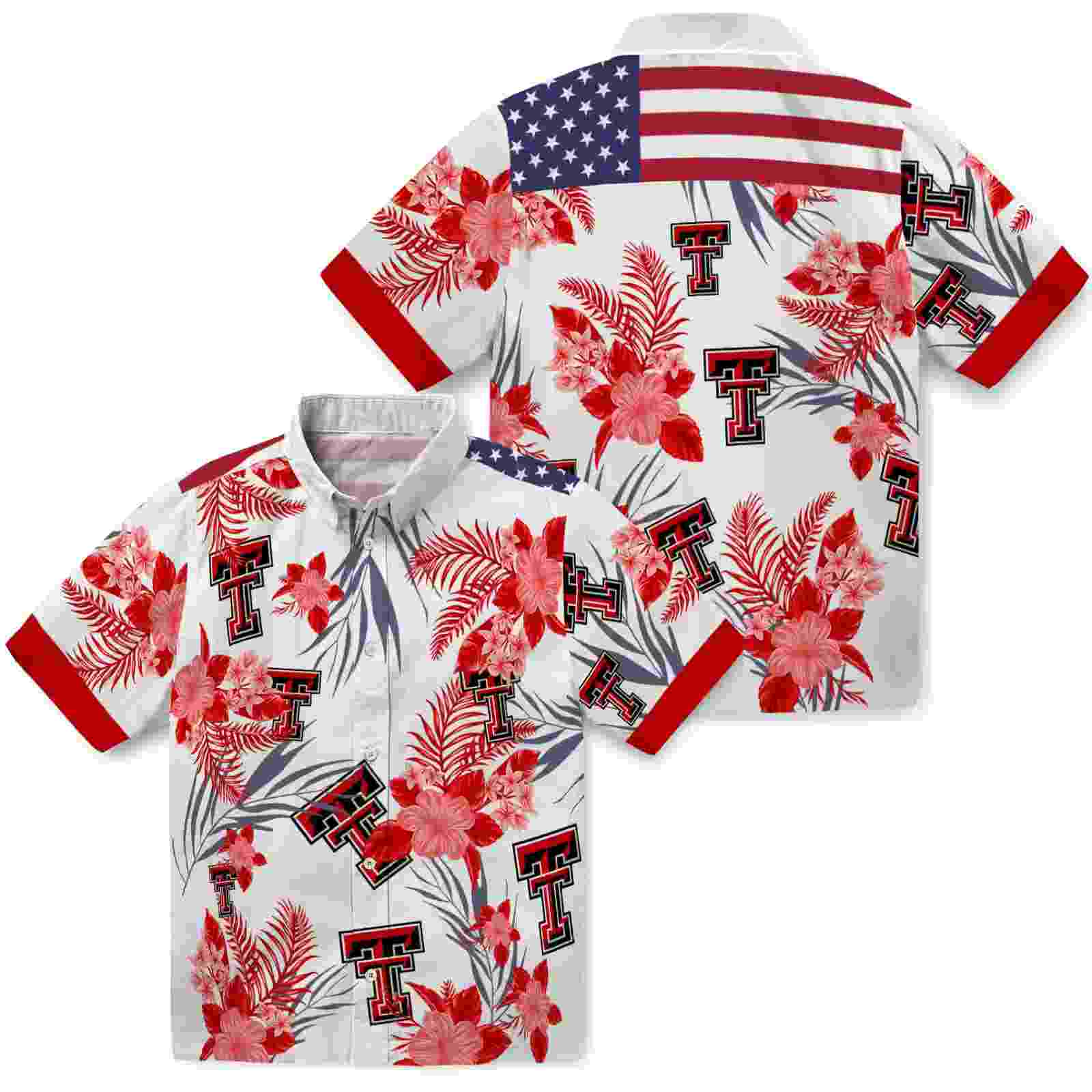 texas tech red raiders patriotic hibiscus design red white hawaiian shirt high quality