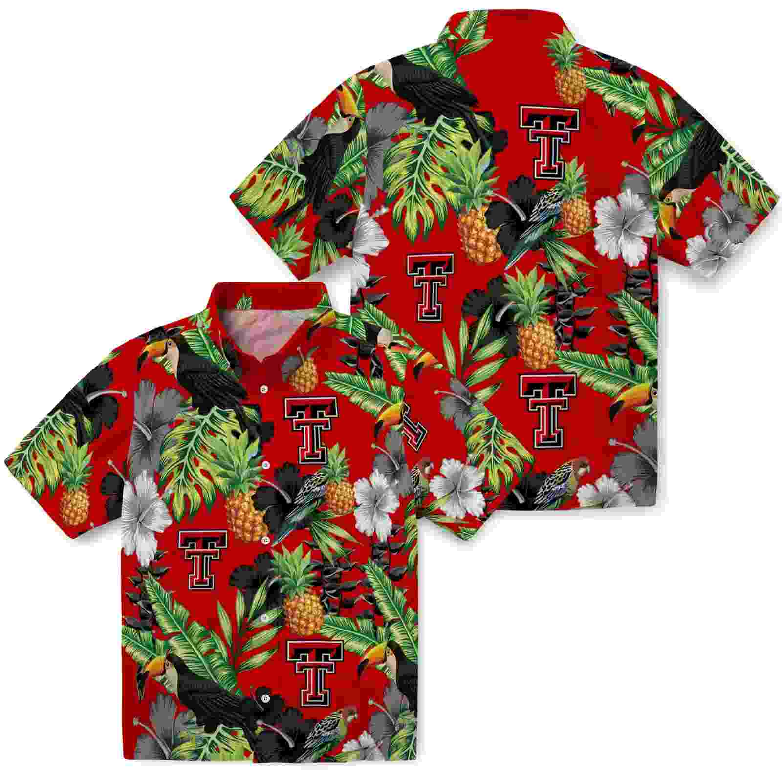 texas tech red raiders toucan hibiscus pineapple red green hawaiian shirt high quality