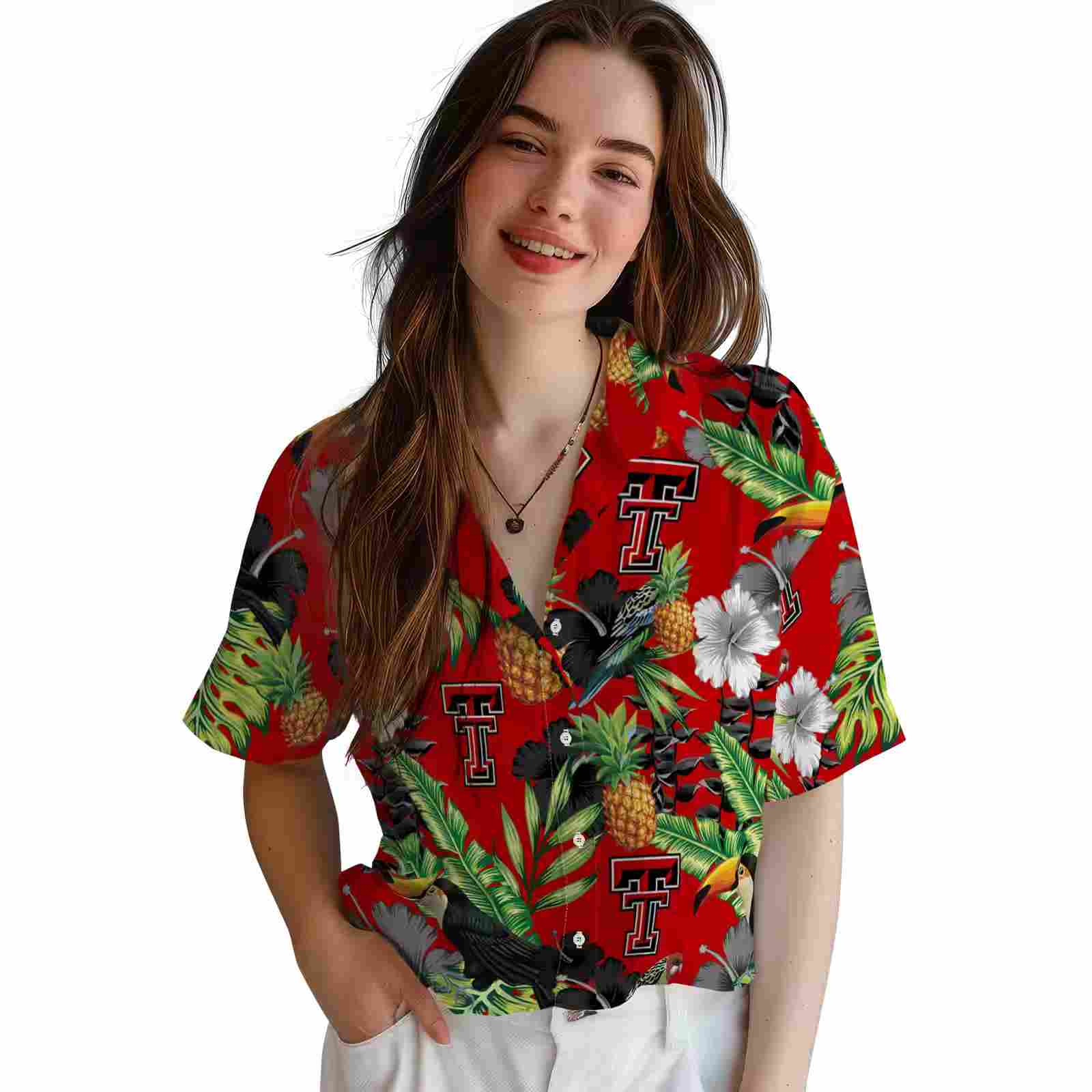 texas tech red raiders toucan hibiscus pineapple red green hawaiian shirt latest model