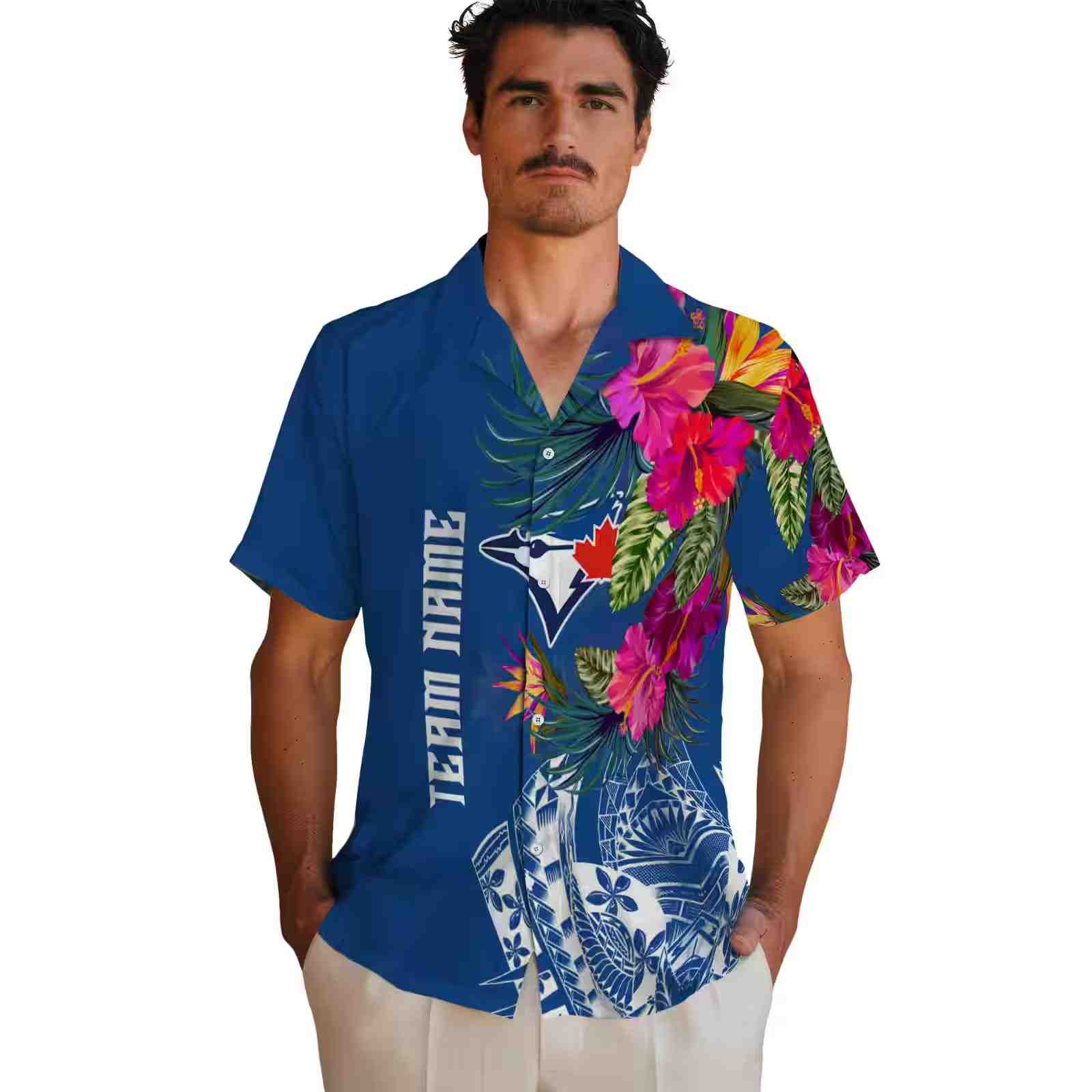 toronto blue jays floral polynesian blue hawaiian shirt fashion forward