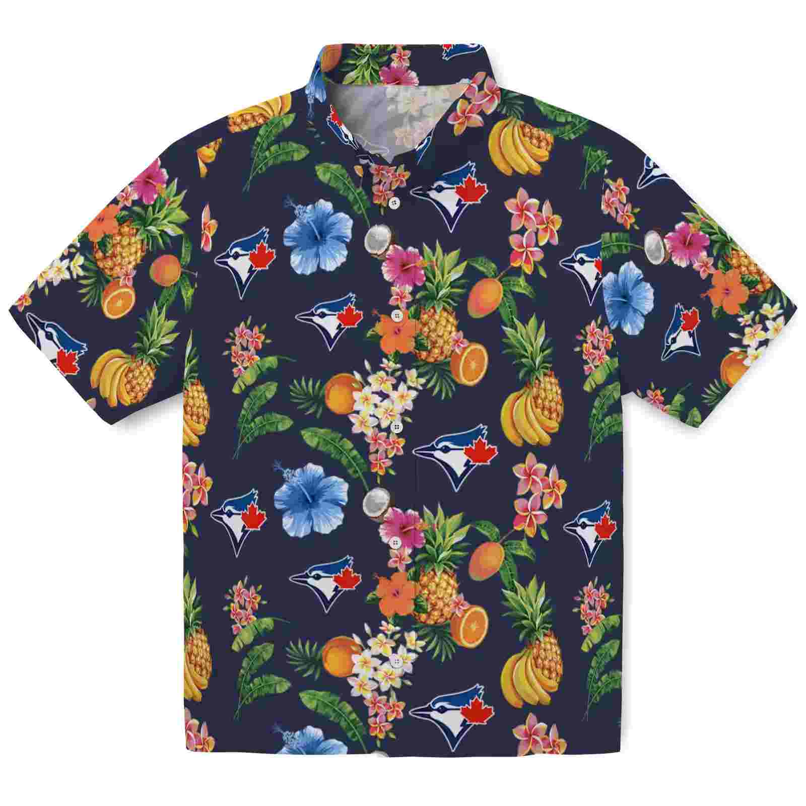 Toronto Blue Jays Hibiscus And Fruit Navy Blue Hawaiian Shirt