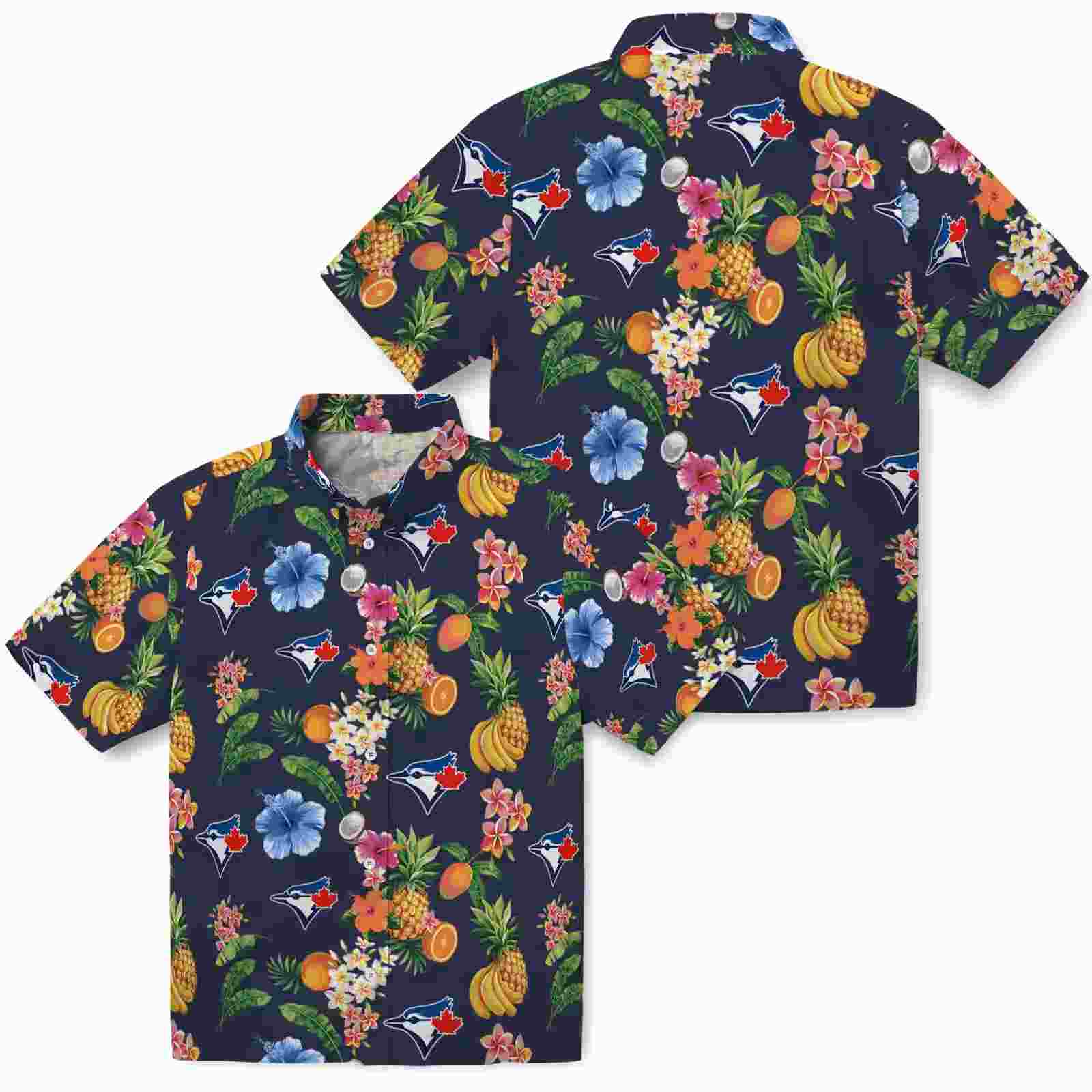 toronto blue jays hibiscus and fruit navy blue hawaiian shirt high quality