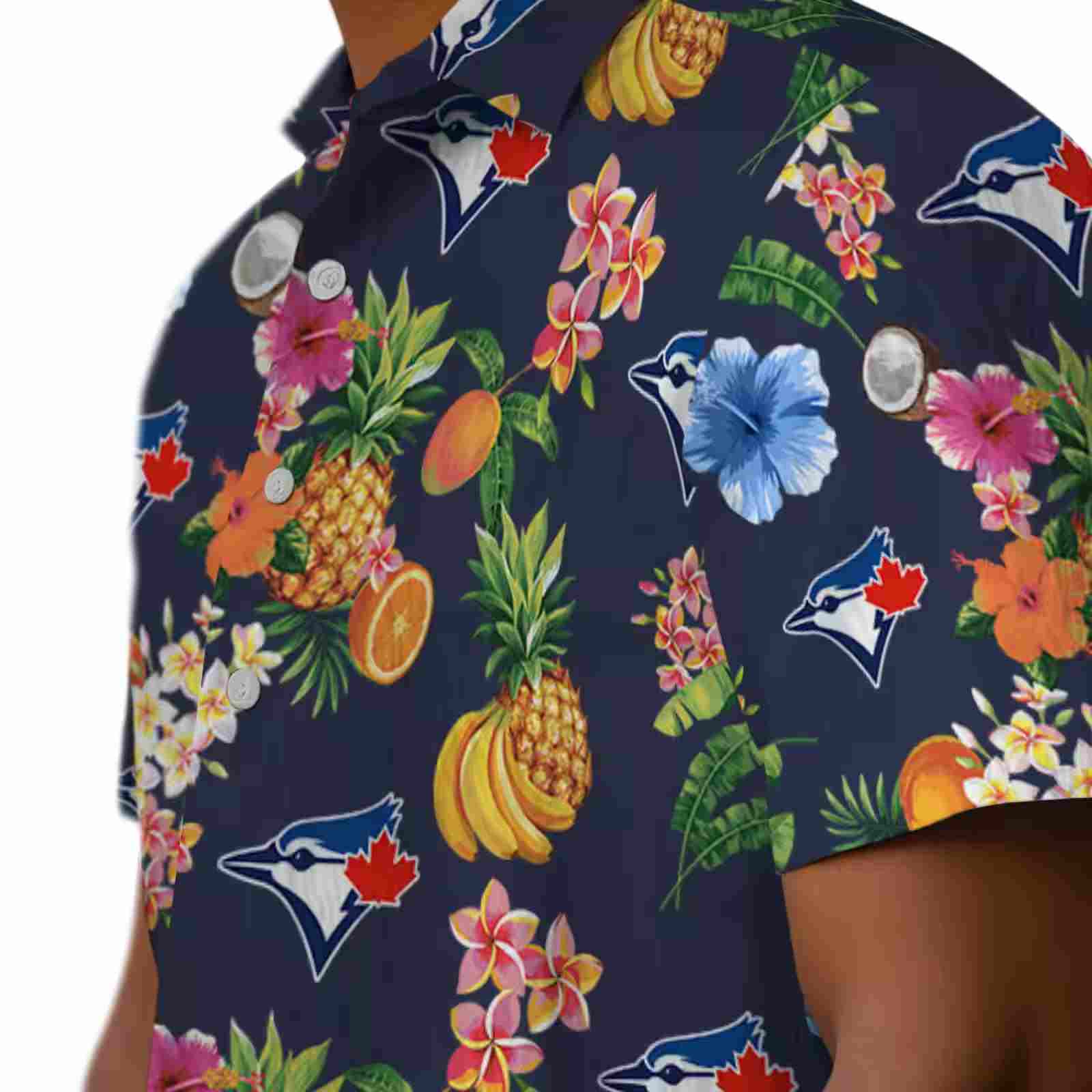 toronto blue jays hibiscus and fruit navy blue hawaiian shirt trendy