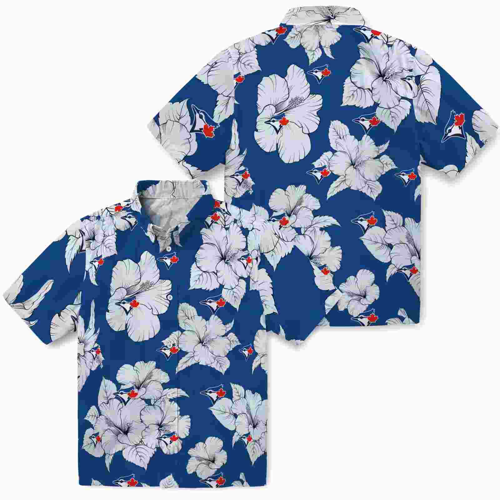 toronto blue jays hibiscus blooms blue white hawaiian shirt high quality