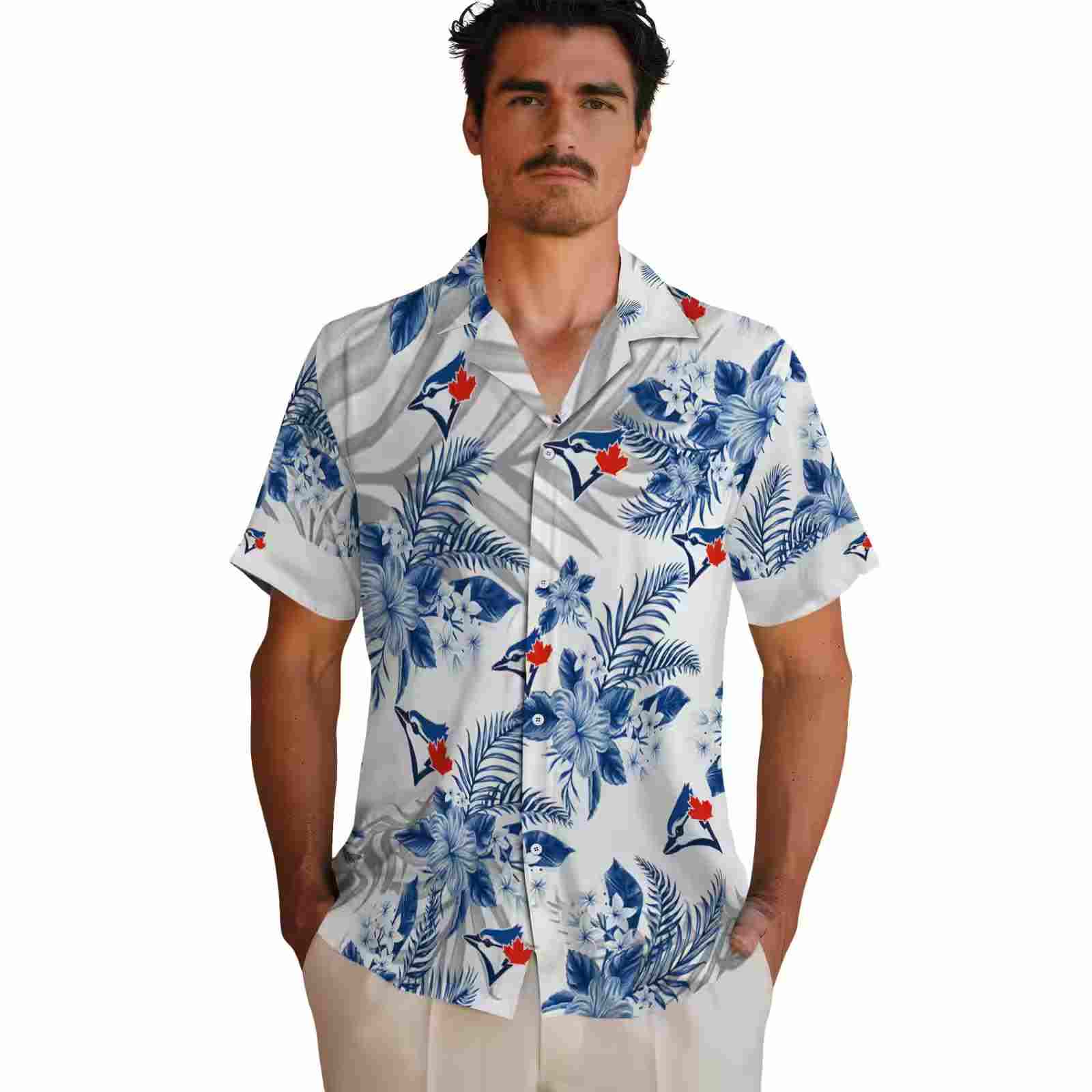 toronto blue jays hibiscus palm leaves blue white hawaiian shirt fashion forward