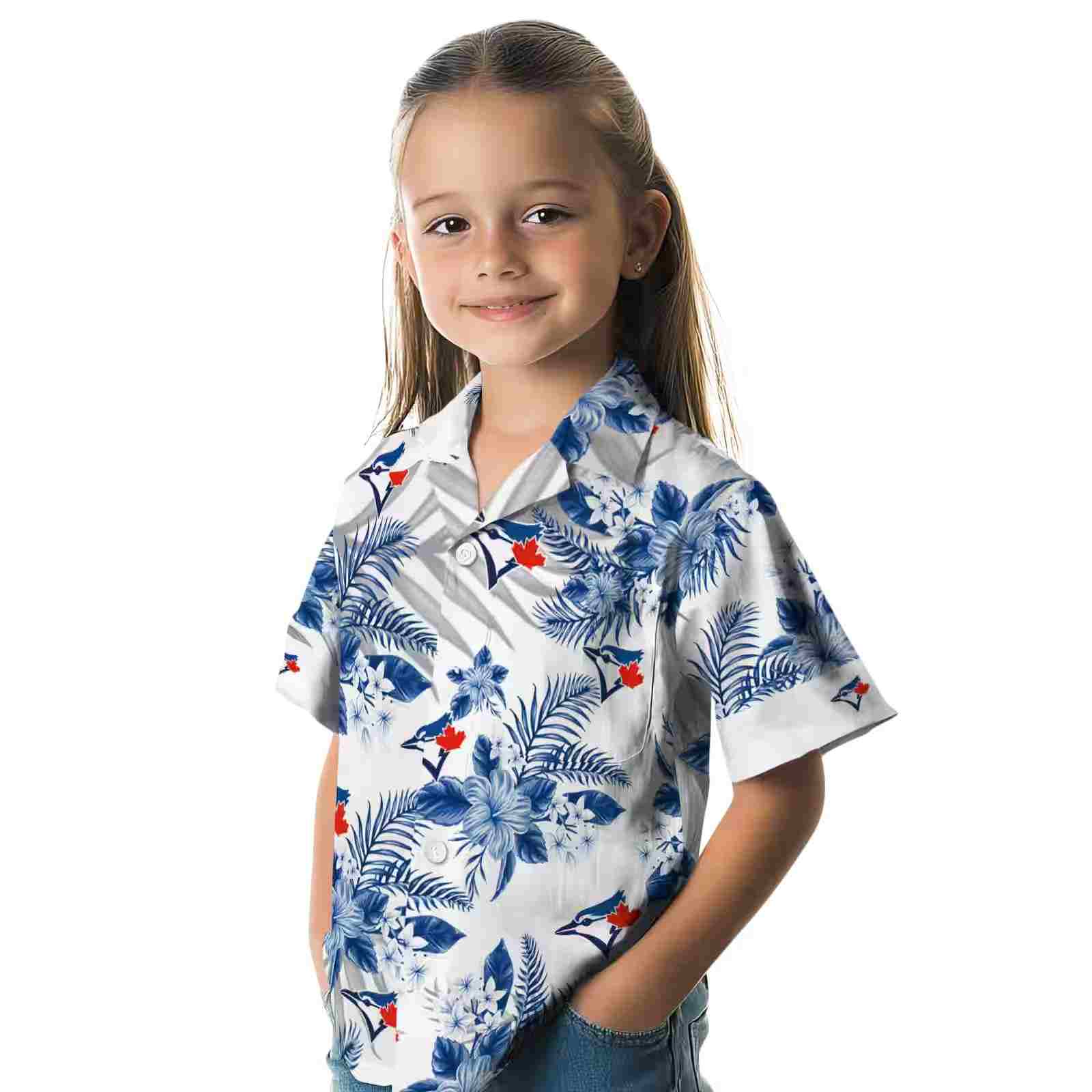 toronto blue jays hibiscus palm leaves blue white hawaiian shirt premium grade