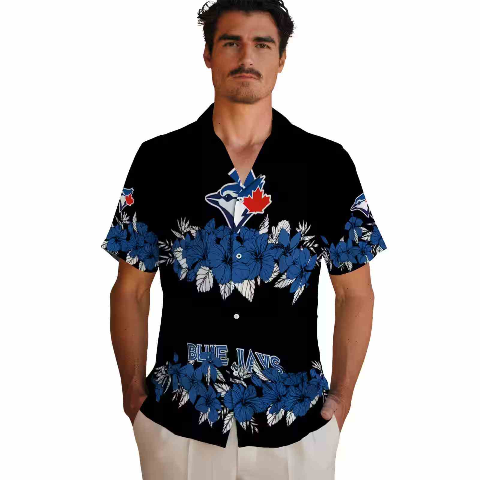 toronto blue jays hibiscus stripe blue black hawaiian shirt fashion forward