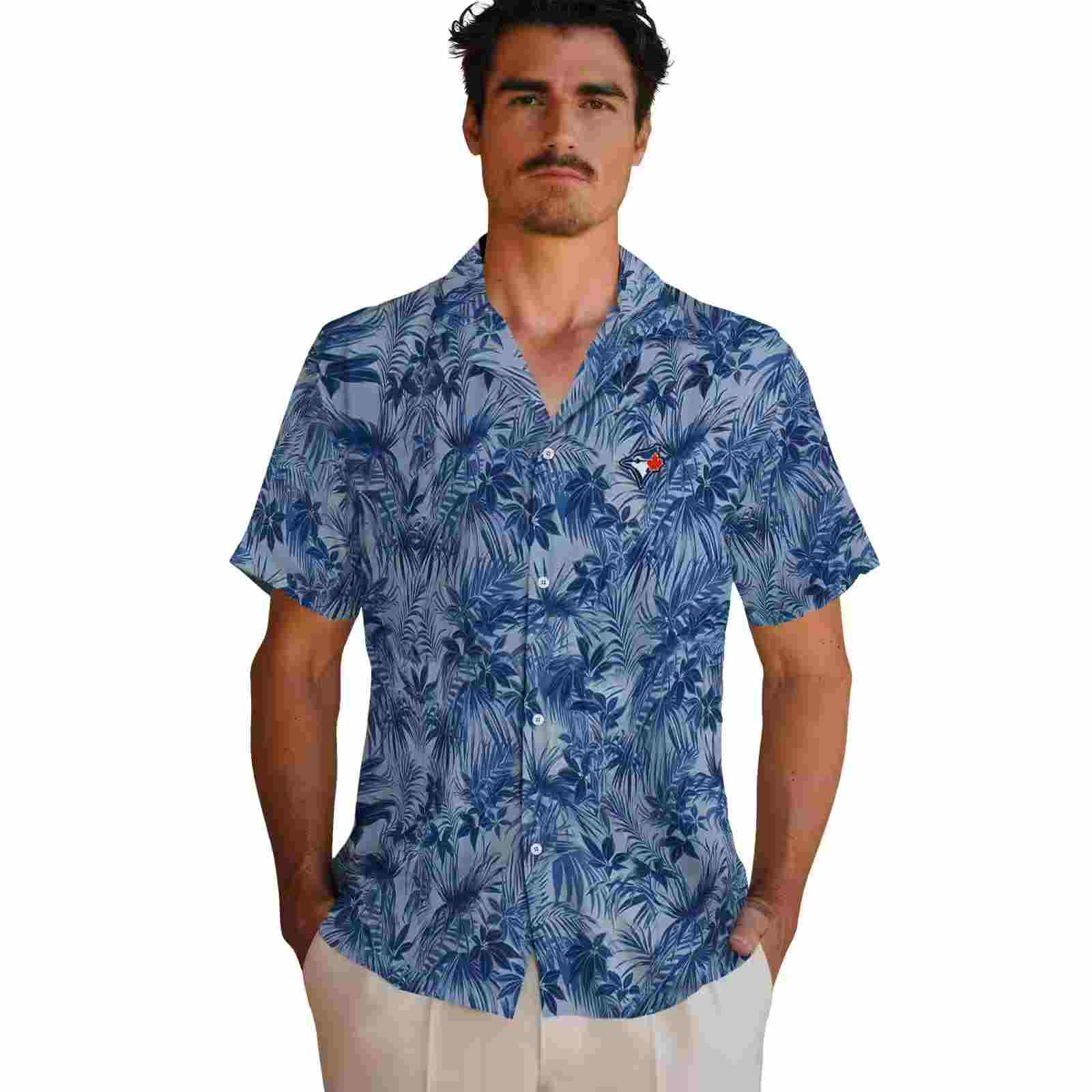 toronto blue jays leafy pattern blue hawaiian shirt fashion forward