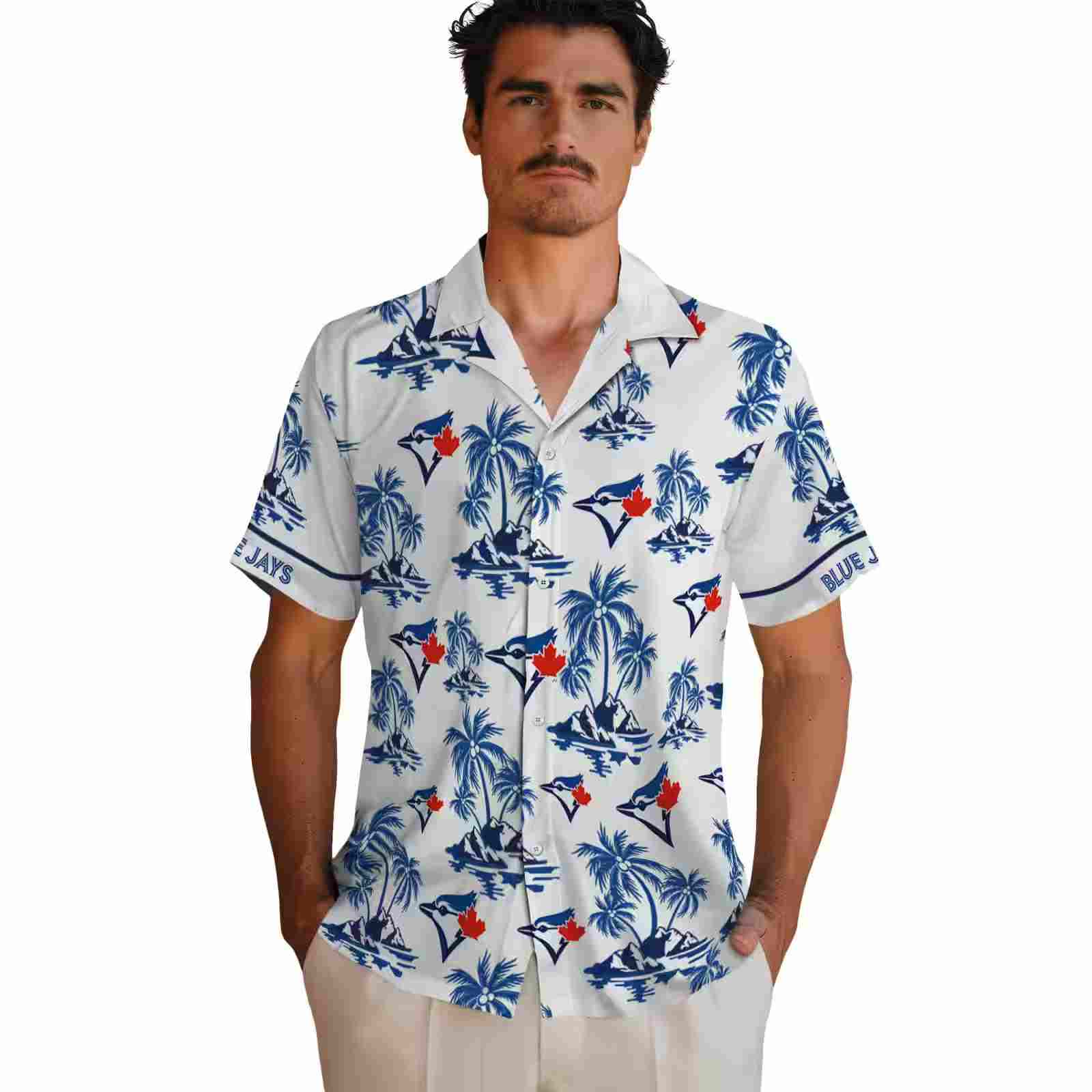 toronto blue jays palm island print blue white hawaiian shirt fashion forward