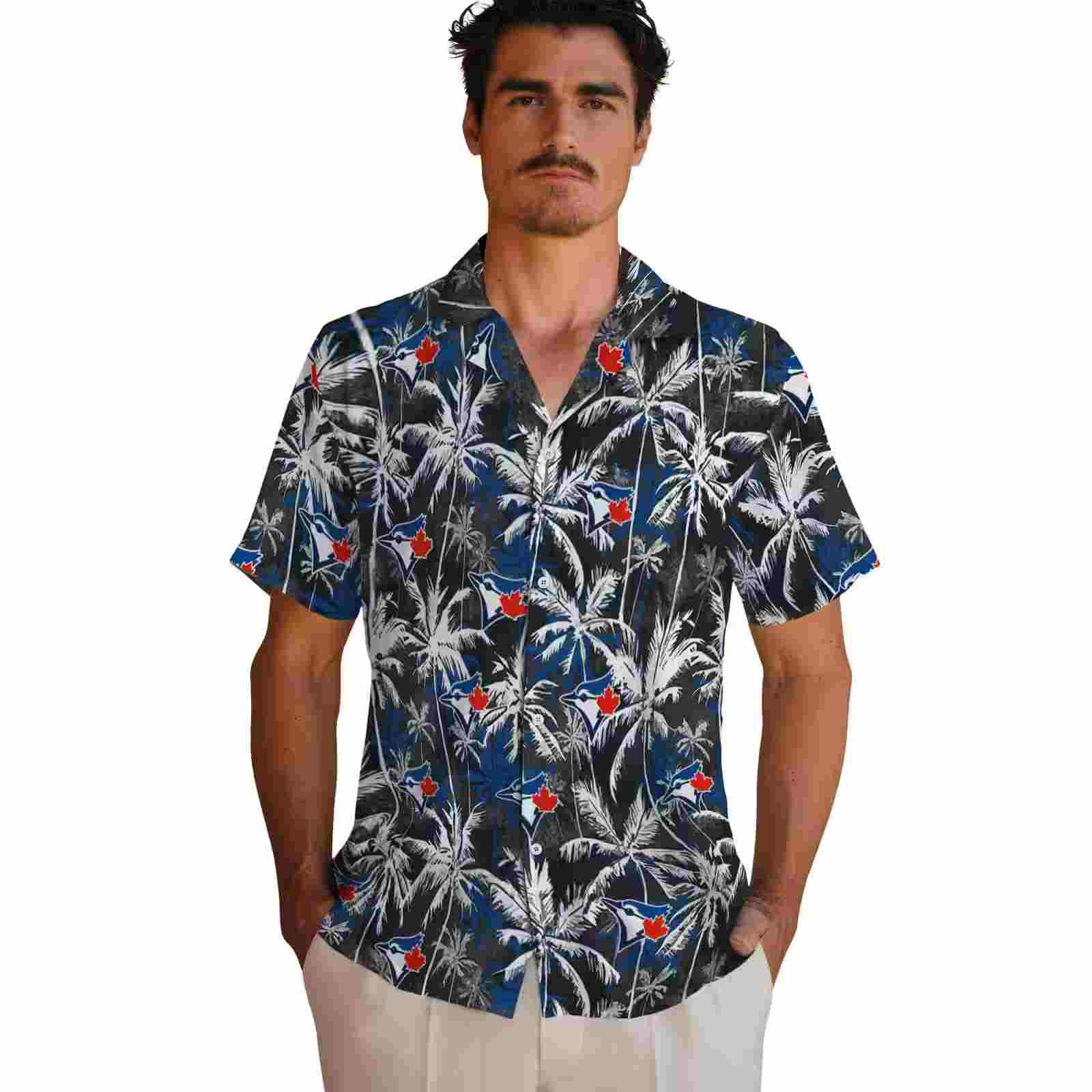 toronto blue jays palm pattern blue black hawaiian shirt fashion forward