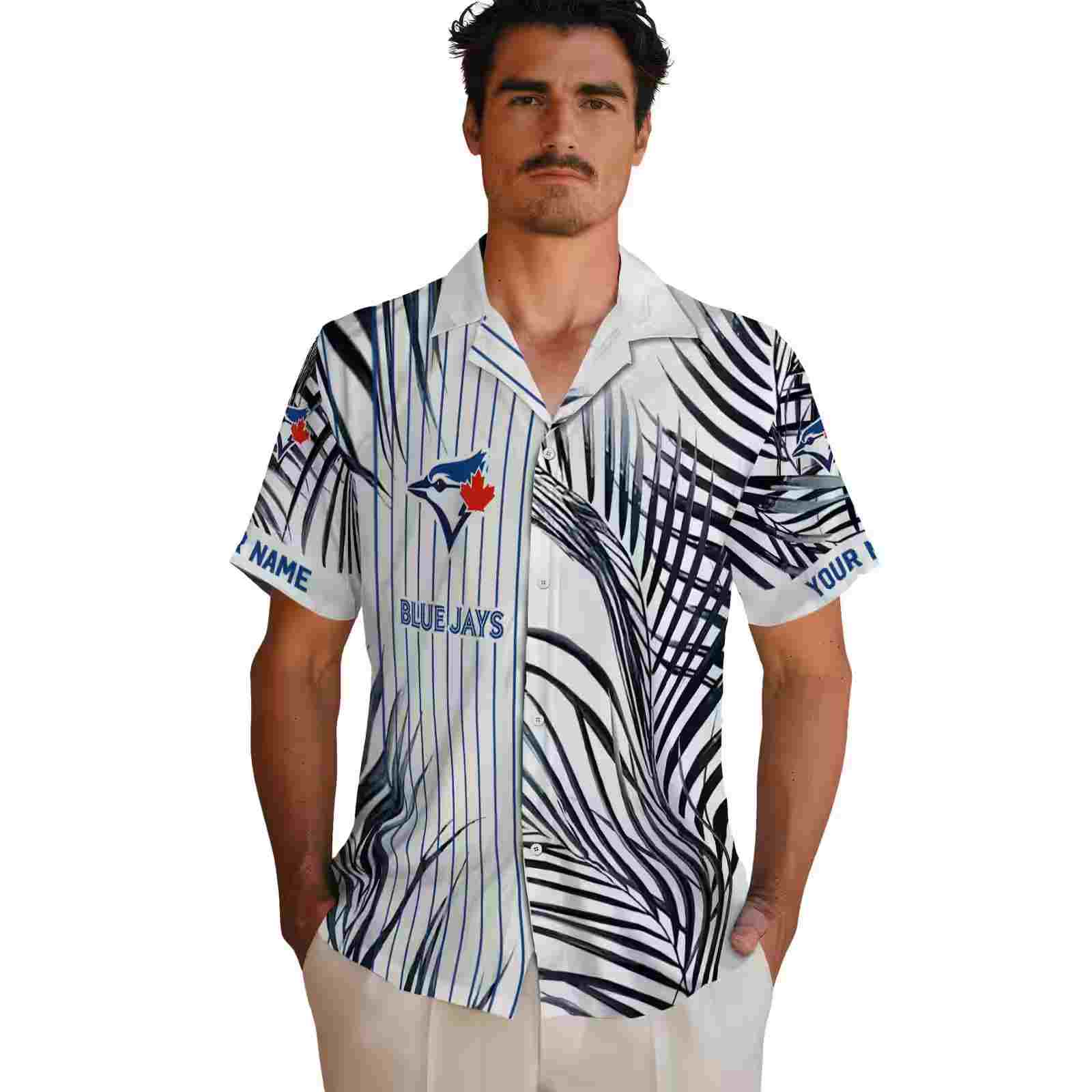 toronto blue jays palm stripes blue black white hawaiian shirt fashion forward