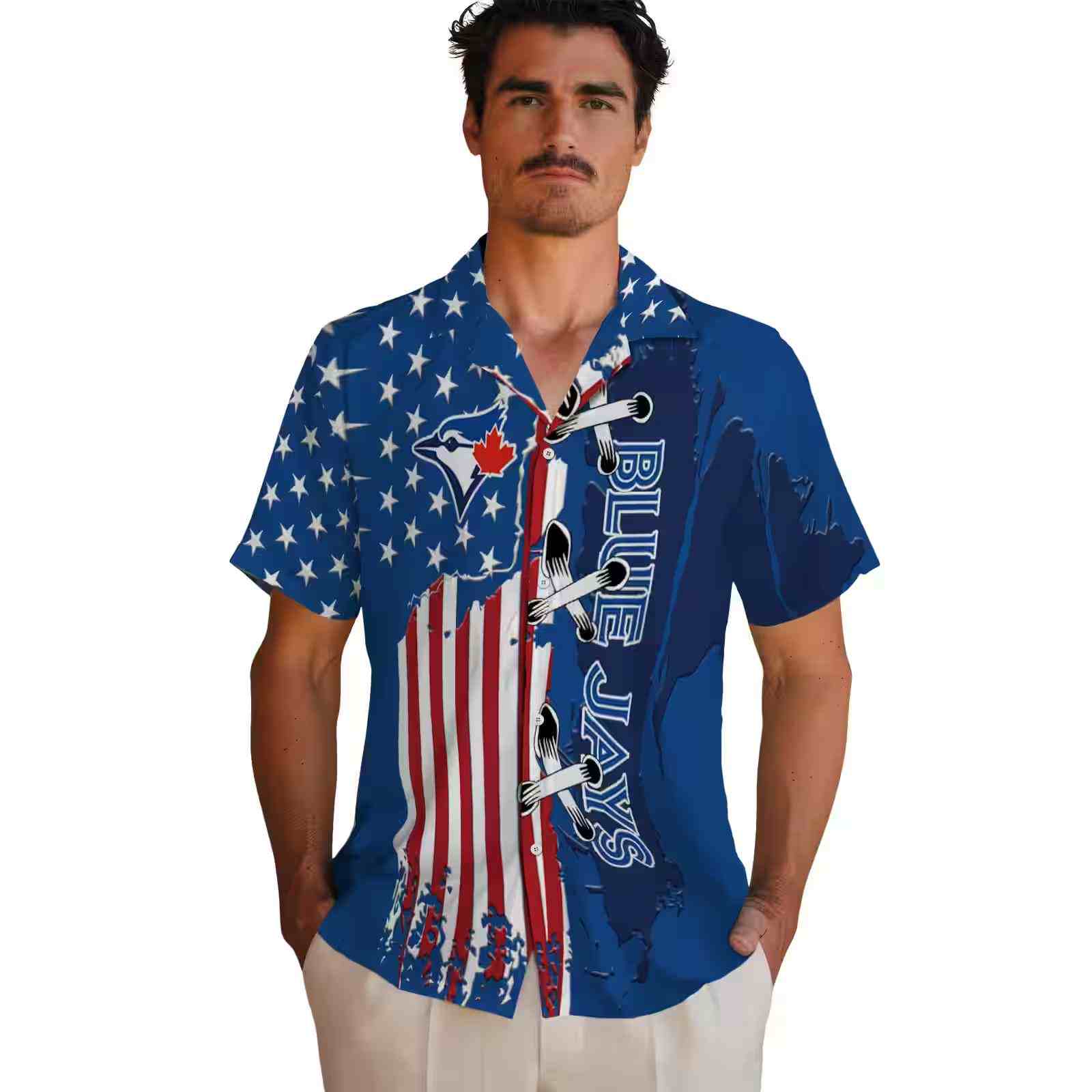 toronto blue jays stitched flag blue hawaiian shirt fashion forward