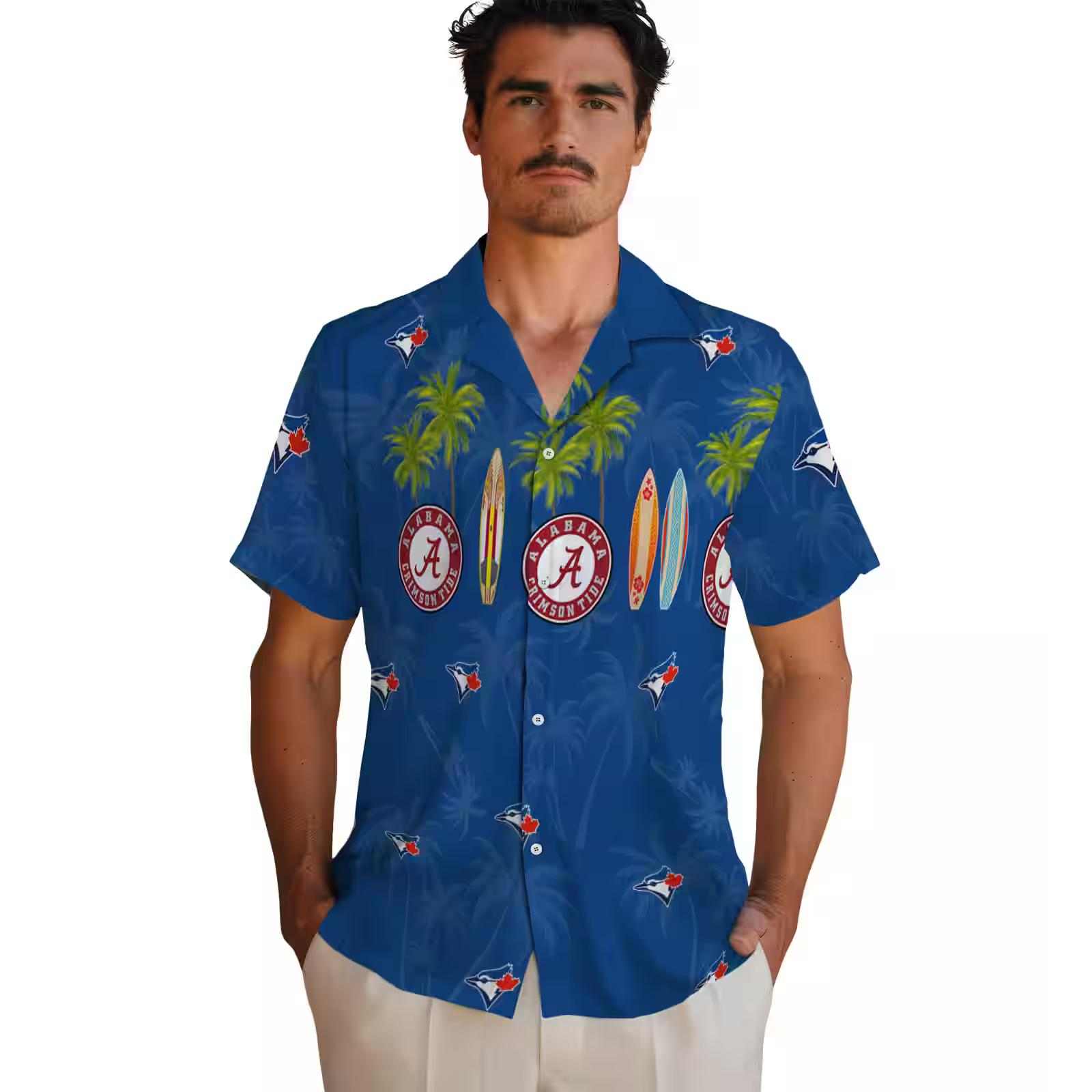 toronto blue jays surfboard palm blue hawaiian shirt fashion forward