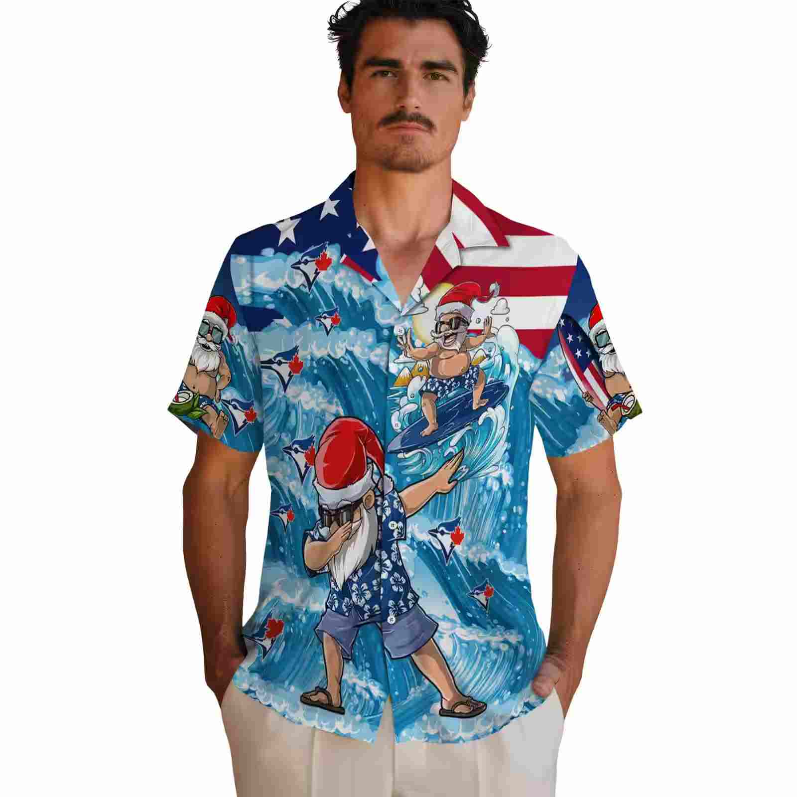 toronto blue jays surfing santa blue hawaiian shirt fashion forward