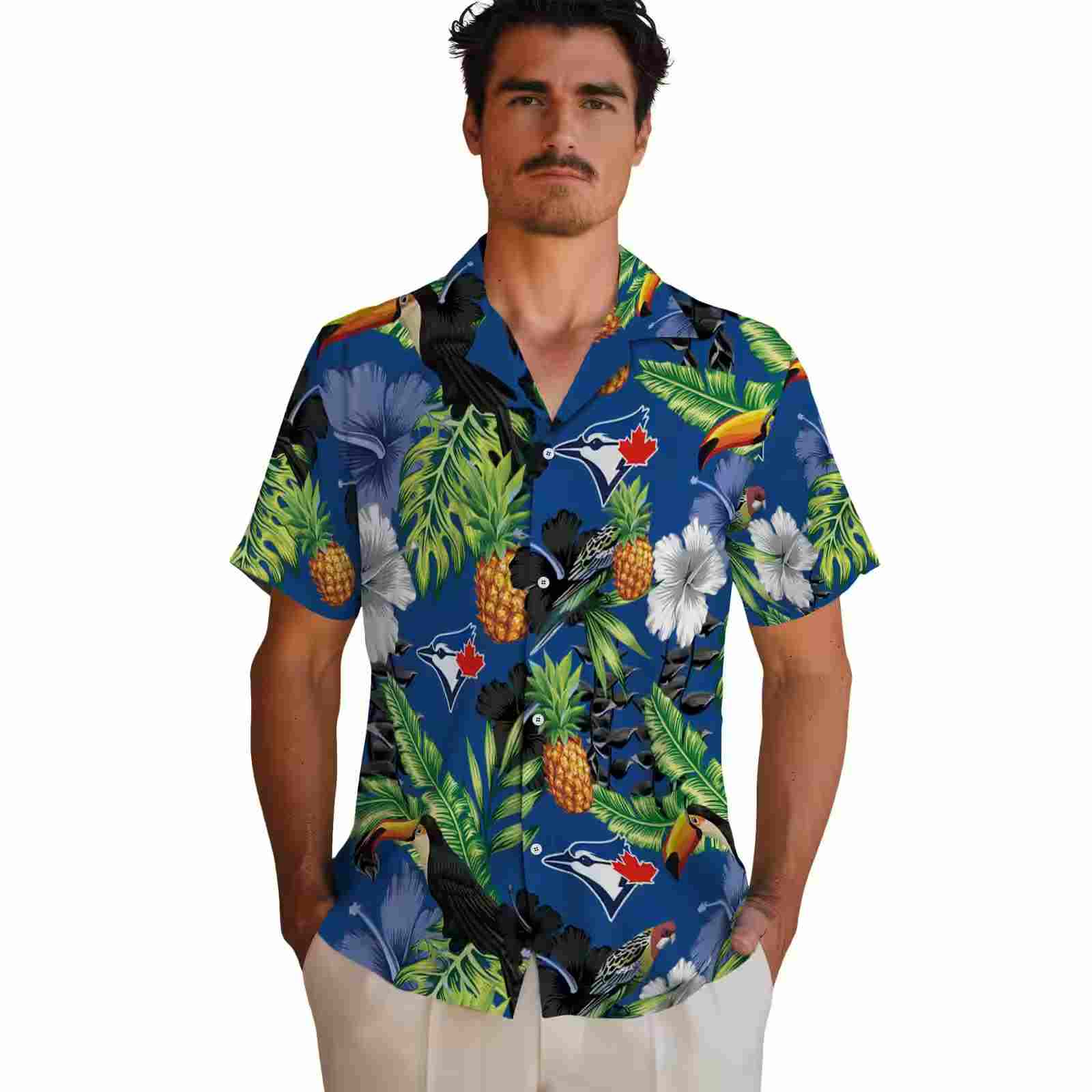 toronto blue jays toucan hibiscus pineapple blue green hawaiian shirt fashion forward