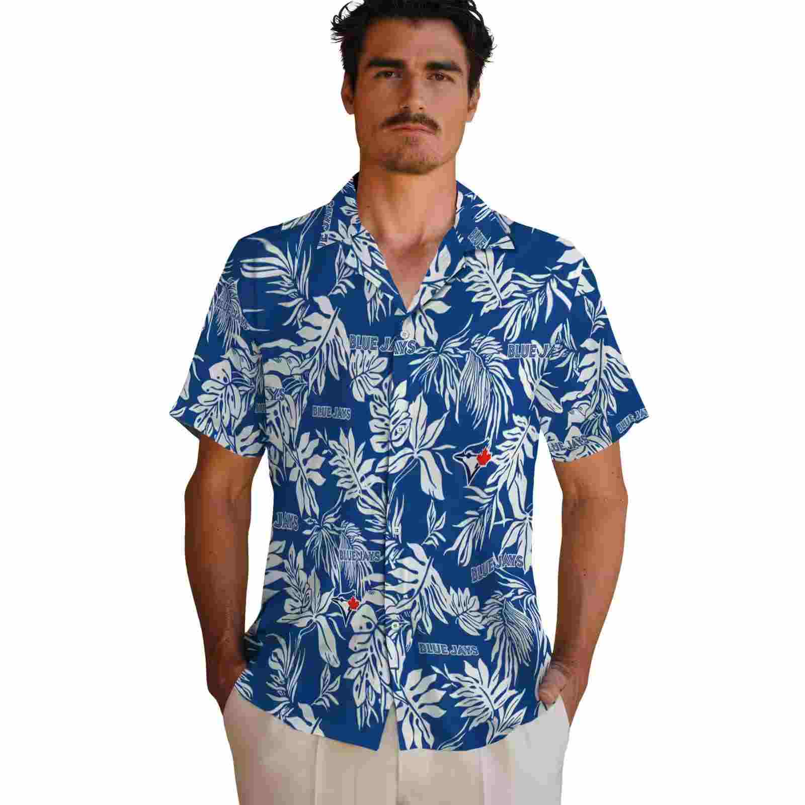 toronto blue jays tropical leaf blue white hawaiian shirt fashion forward