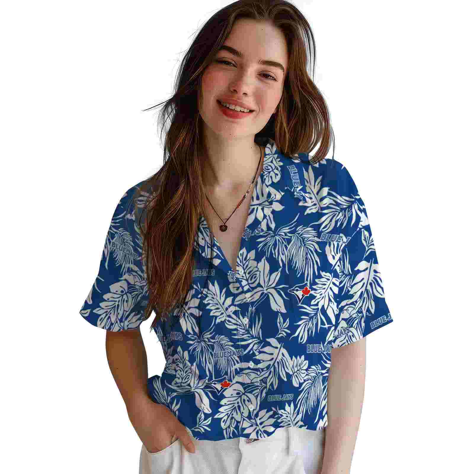 toronto blue jays tropical leaf blue white hawaiian shirt latest model