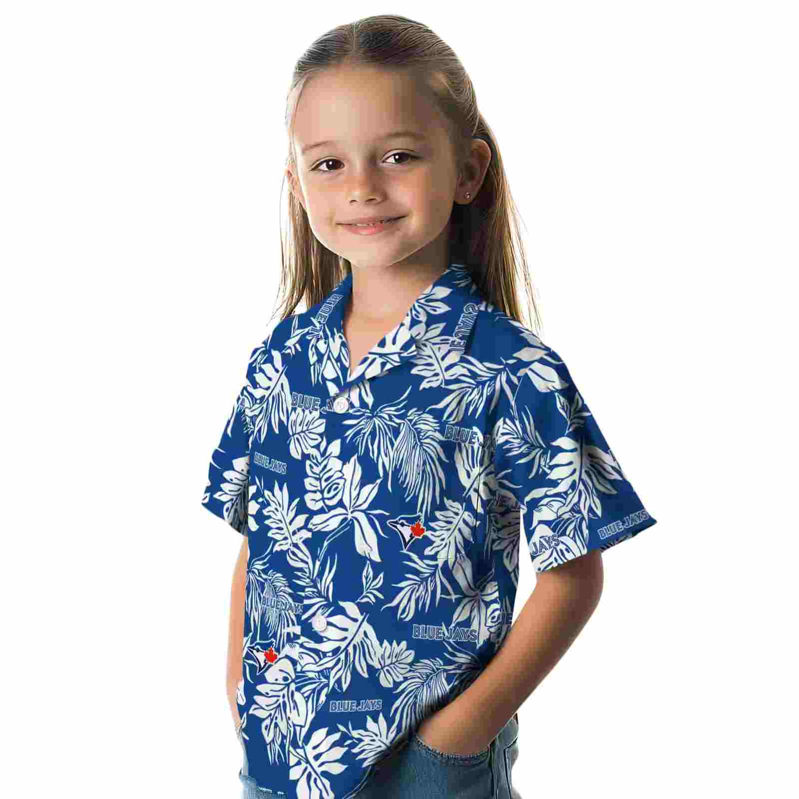 toronto blue jays tropical leaf blue white hawaiian shirt premium grade