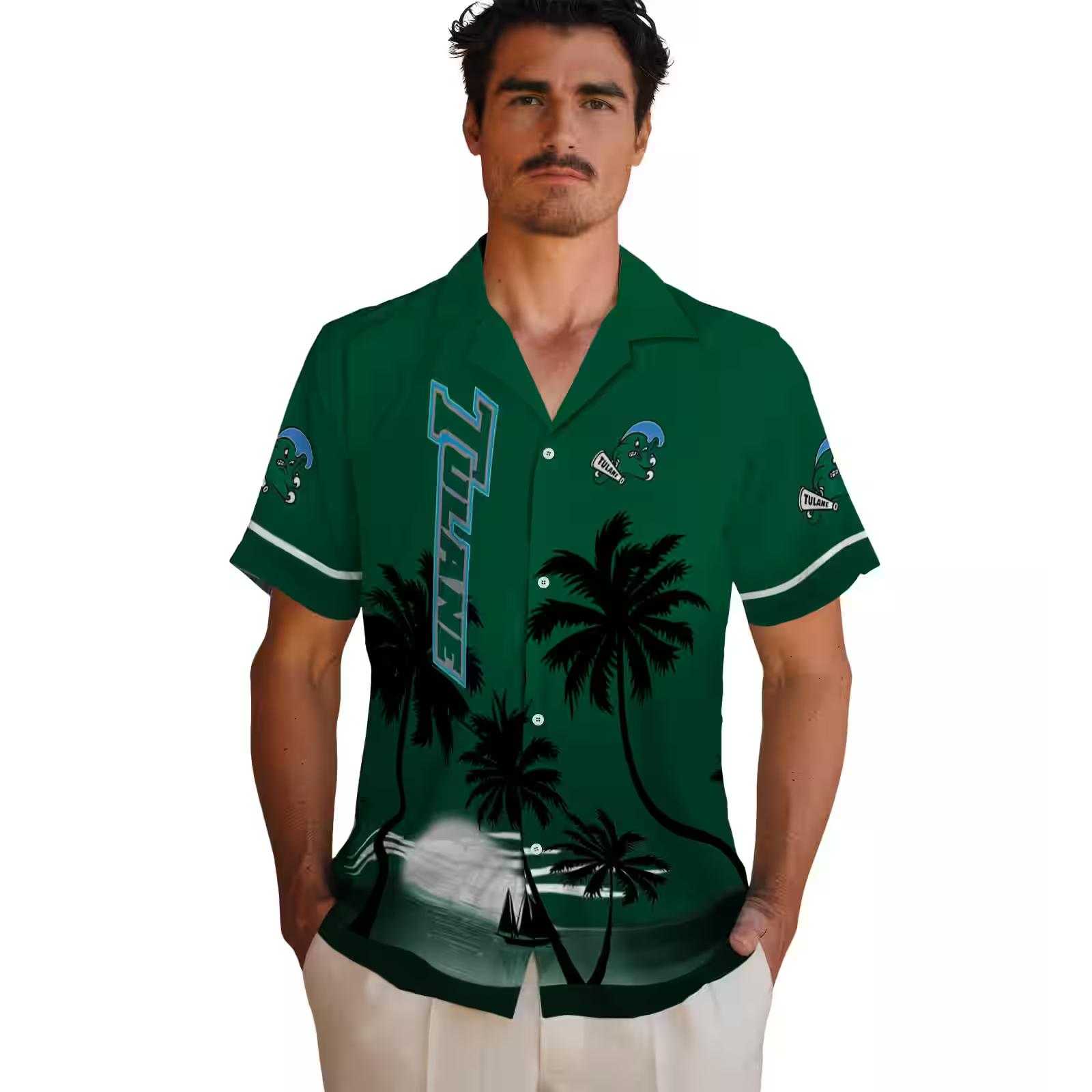 tulane green wave beach sunset green black hawaiian shirt fashion forward