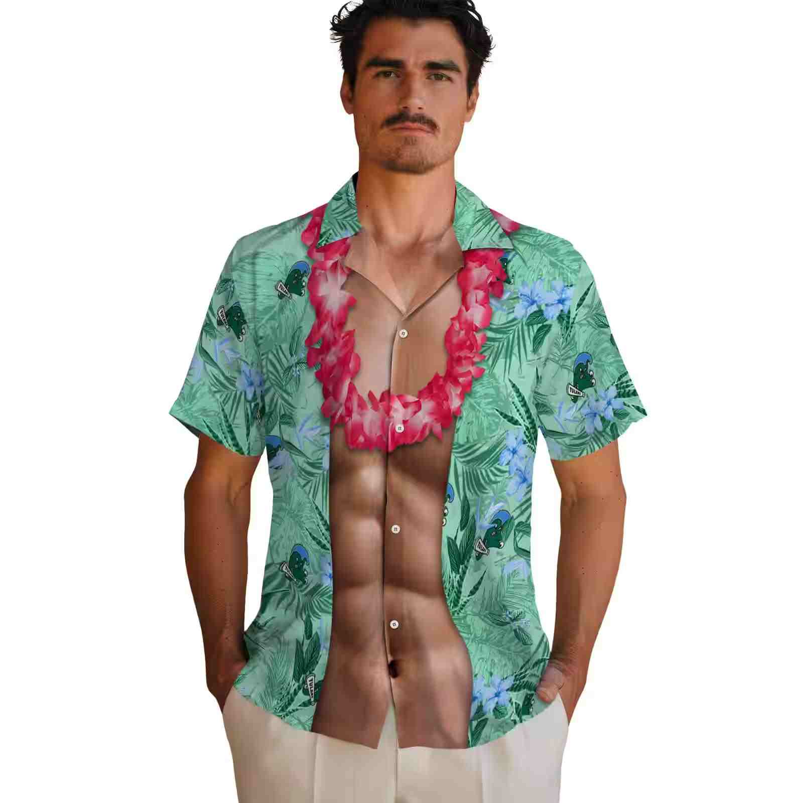 tulane green wave chest illusion green hawaiian shirt fashion forward