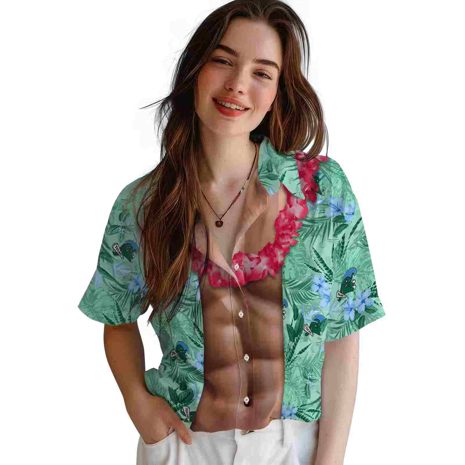 tulane green wave chest illusion green hawaiian shirt latest model