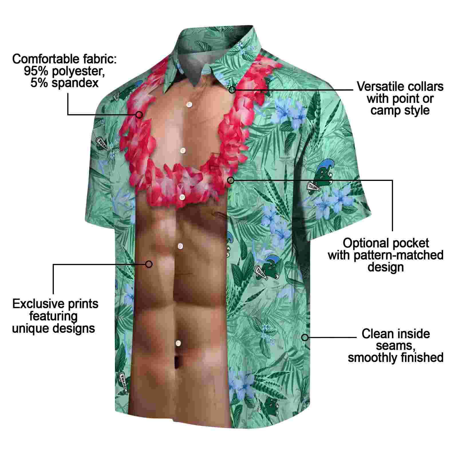 tulane green wave chest illusion green hawaiian shirt new arrival