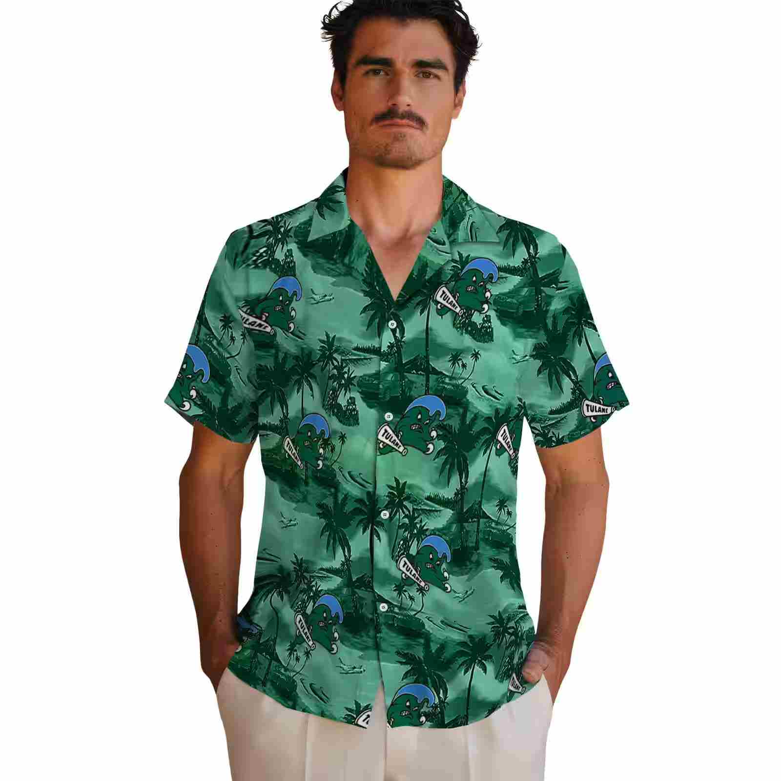 tulane green wave coastal palms green hawaiian shirt fashion forward