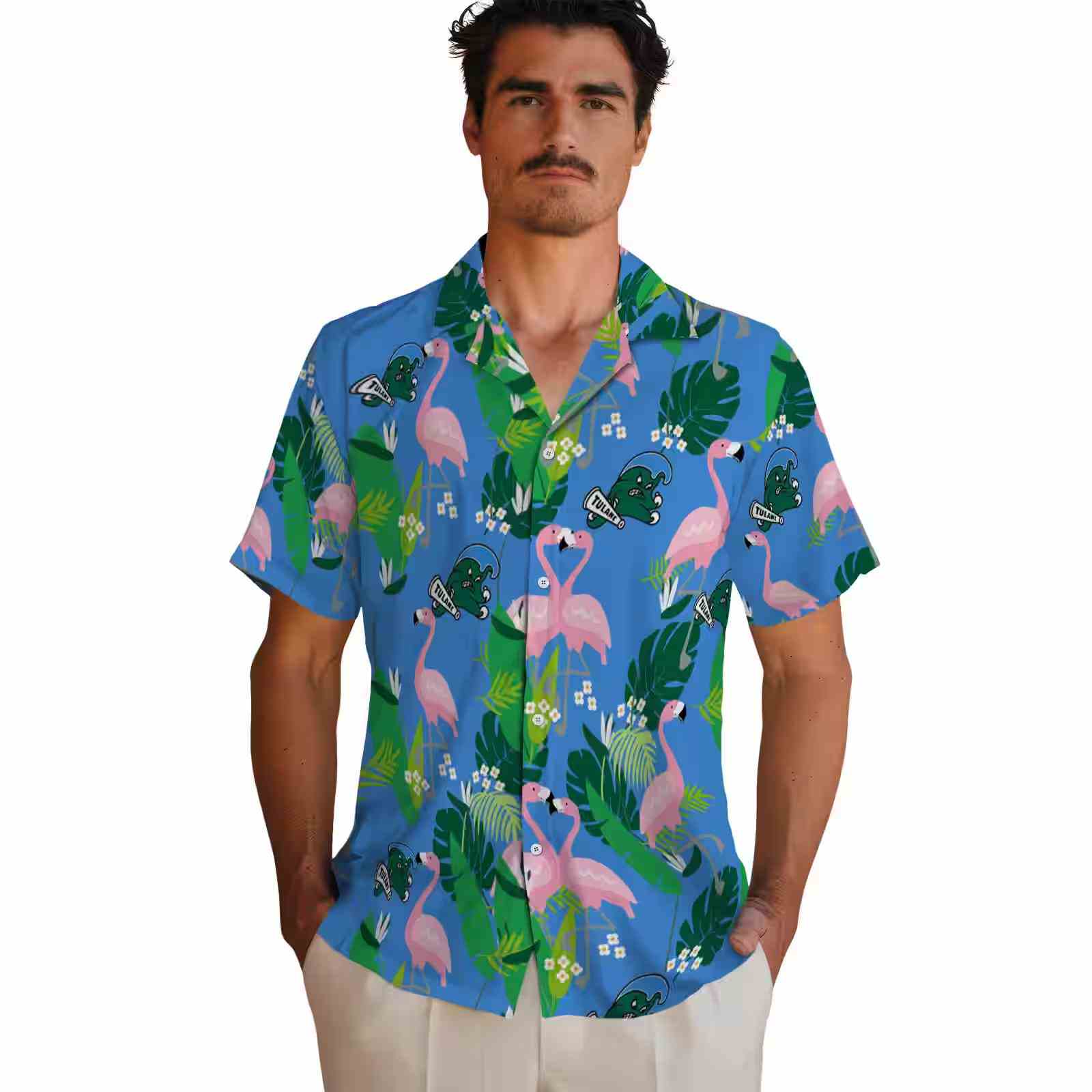 tulane green wave flamingo foliage green hawaiian shirt fashion forward