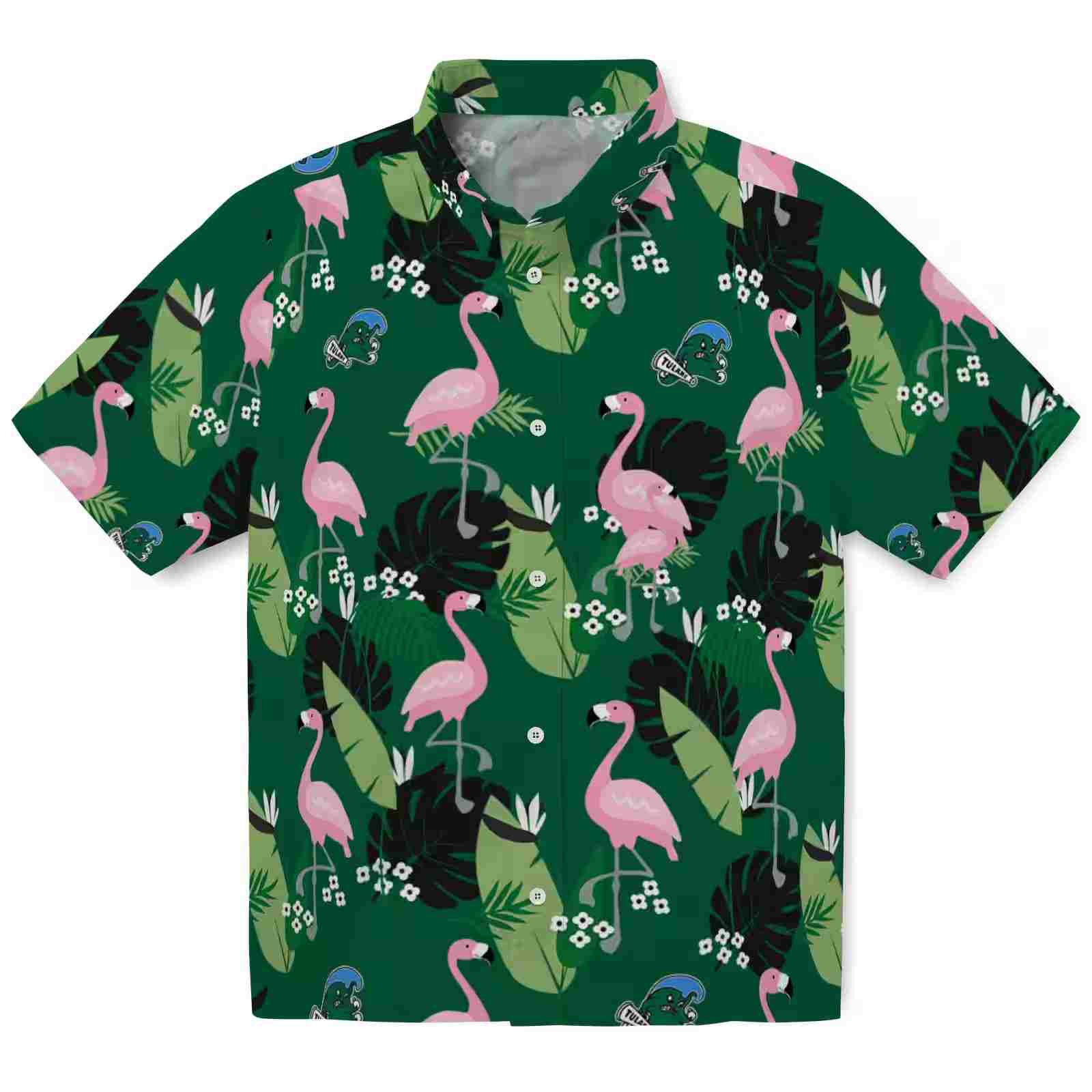 Tulane Green Wave Flamingo Leaf Motif Green Hawaiian Shirt