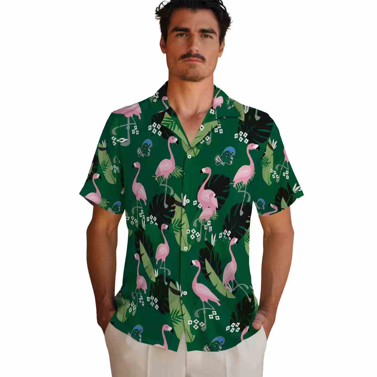 tulane green wave flamingo leaf motif green hawaiian shirt fashion forward