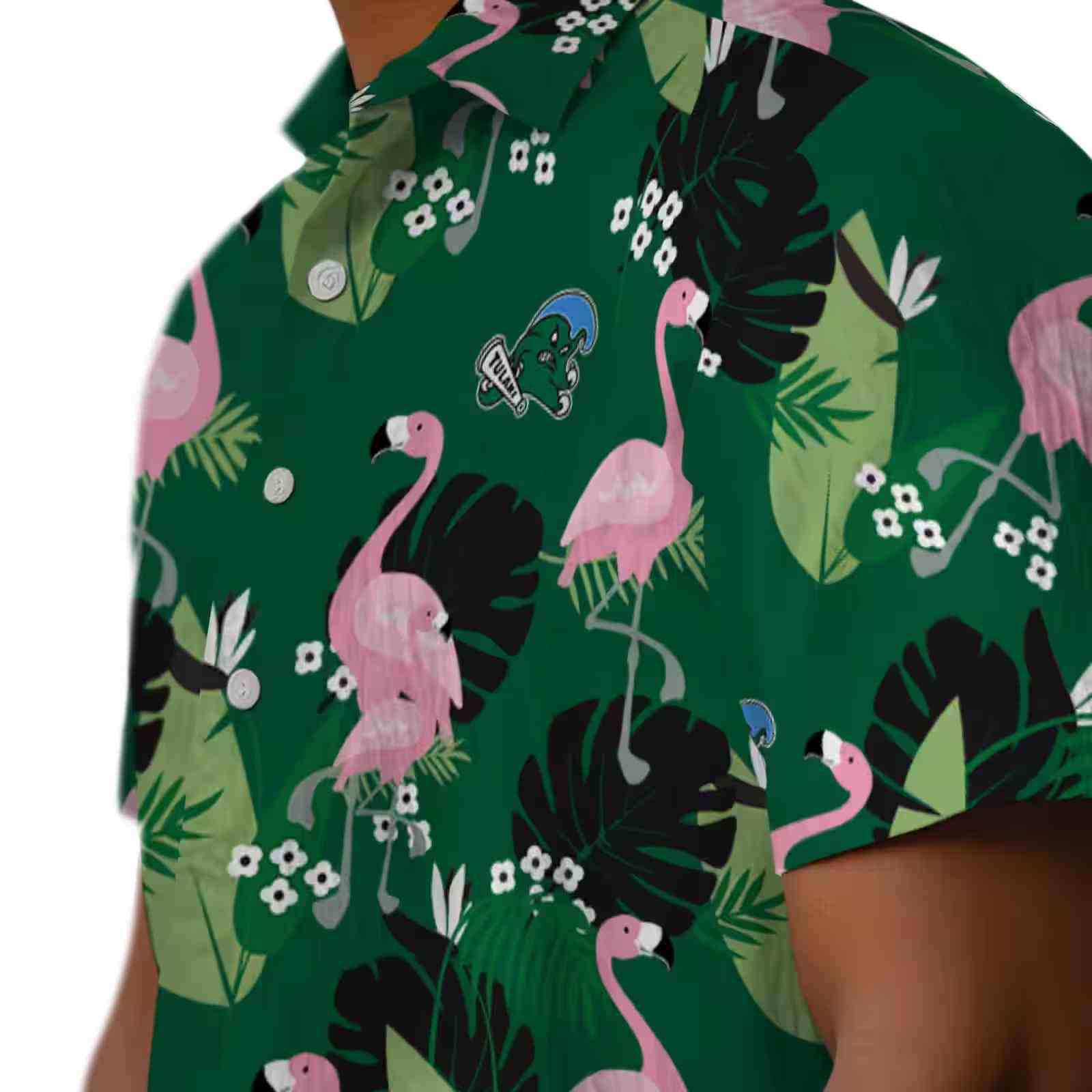 tulane green wave flamingo leaf motif green hawaiian shirt trendy