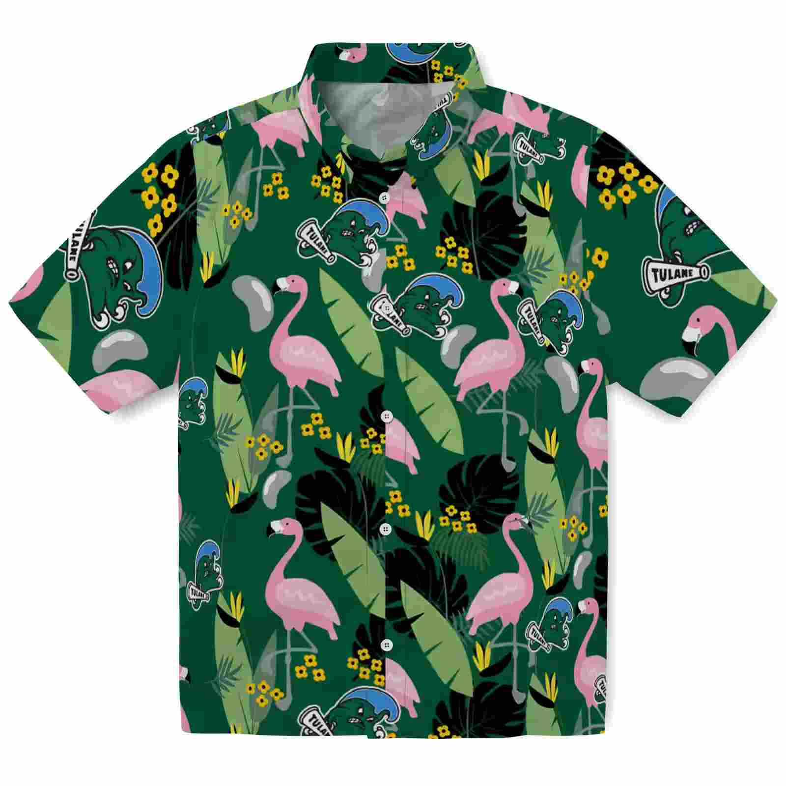 Tulane Green Wave Flamingo Leaves Green Hawaiian Shirt