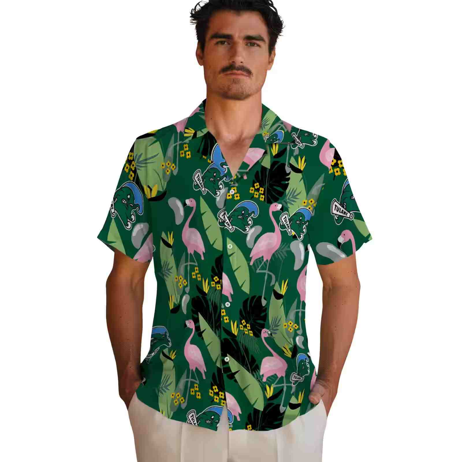 tulane green wave flamingo leaves green hawaiian shirt fashion forward