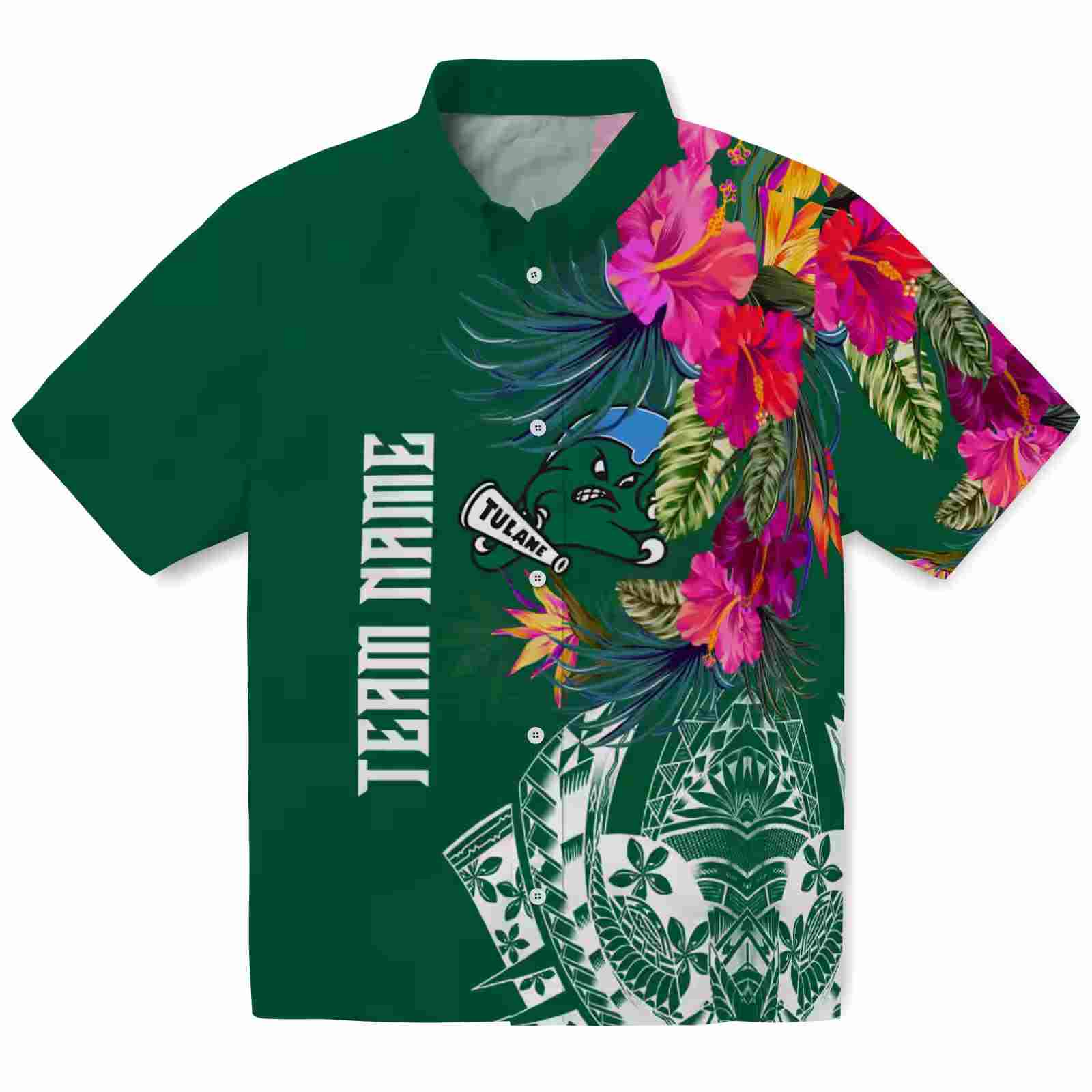 Tulane Green Wave Floral Polynesian Green Hawaiian Shirt