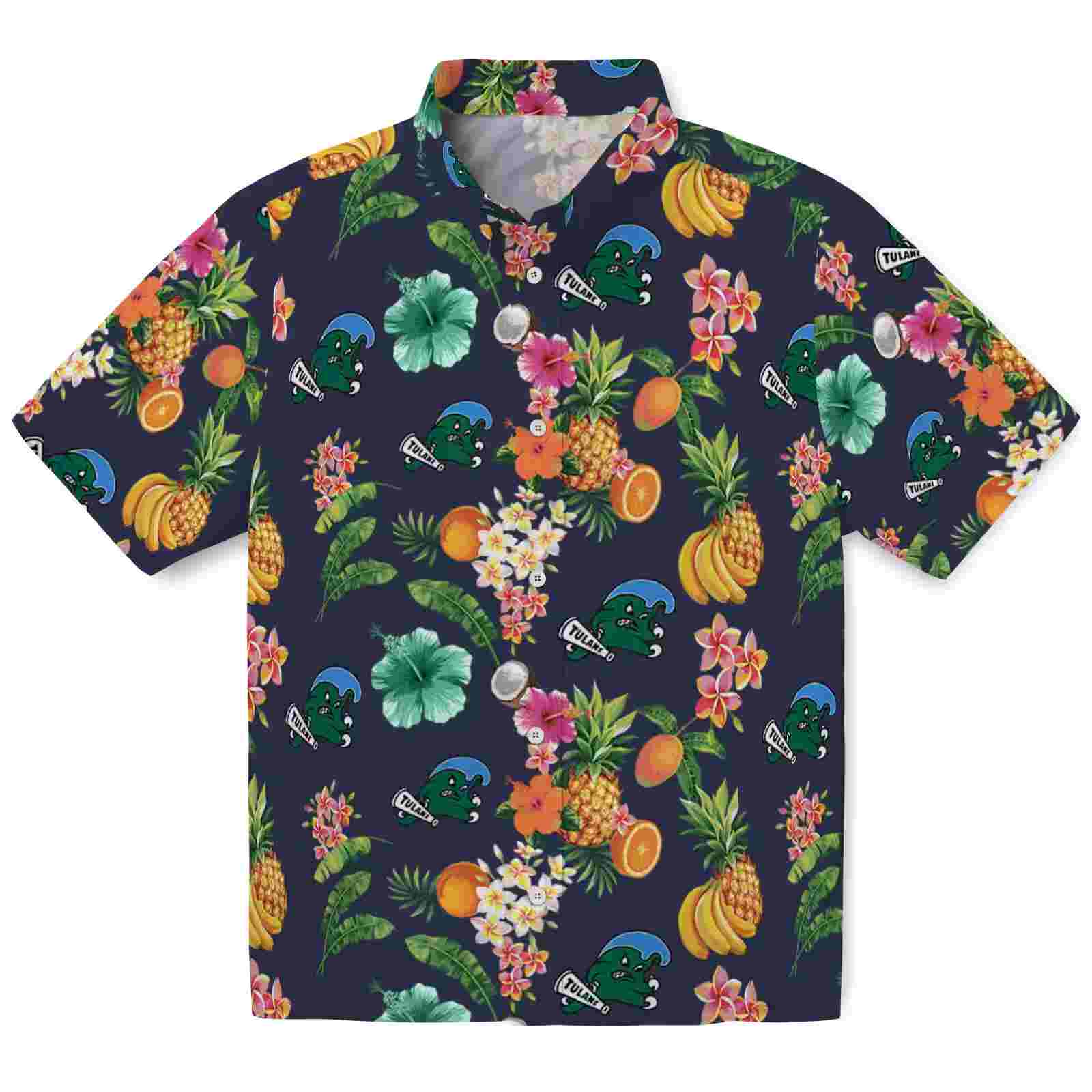 Tulane Green Wave Hibiscus And Fruit Navy Blue Hawaiian Shirt