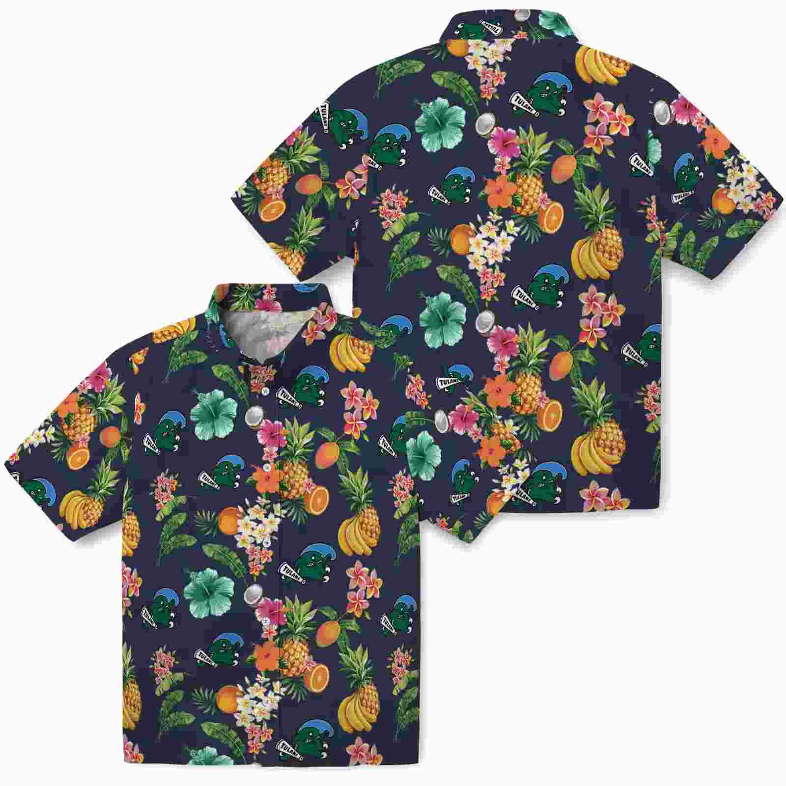 tulane green wave hibiscus and fruit navy blue hawaiian shirt high quality