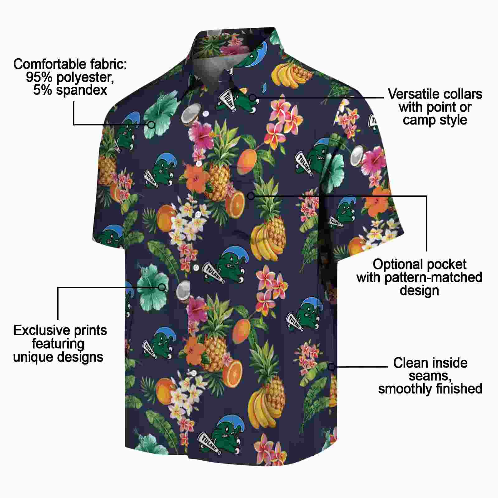 tulane green wave hibiscus and fruit navy blue hawaiian shirt new arrival