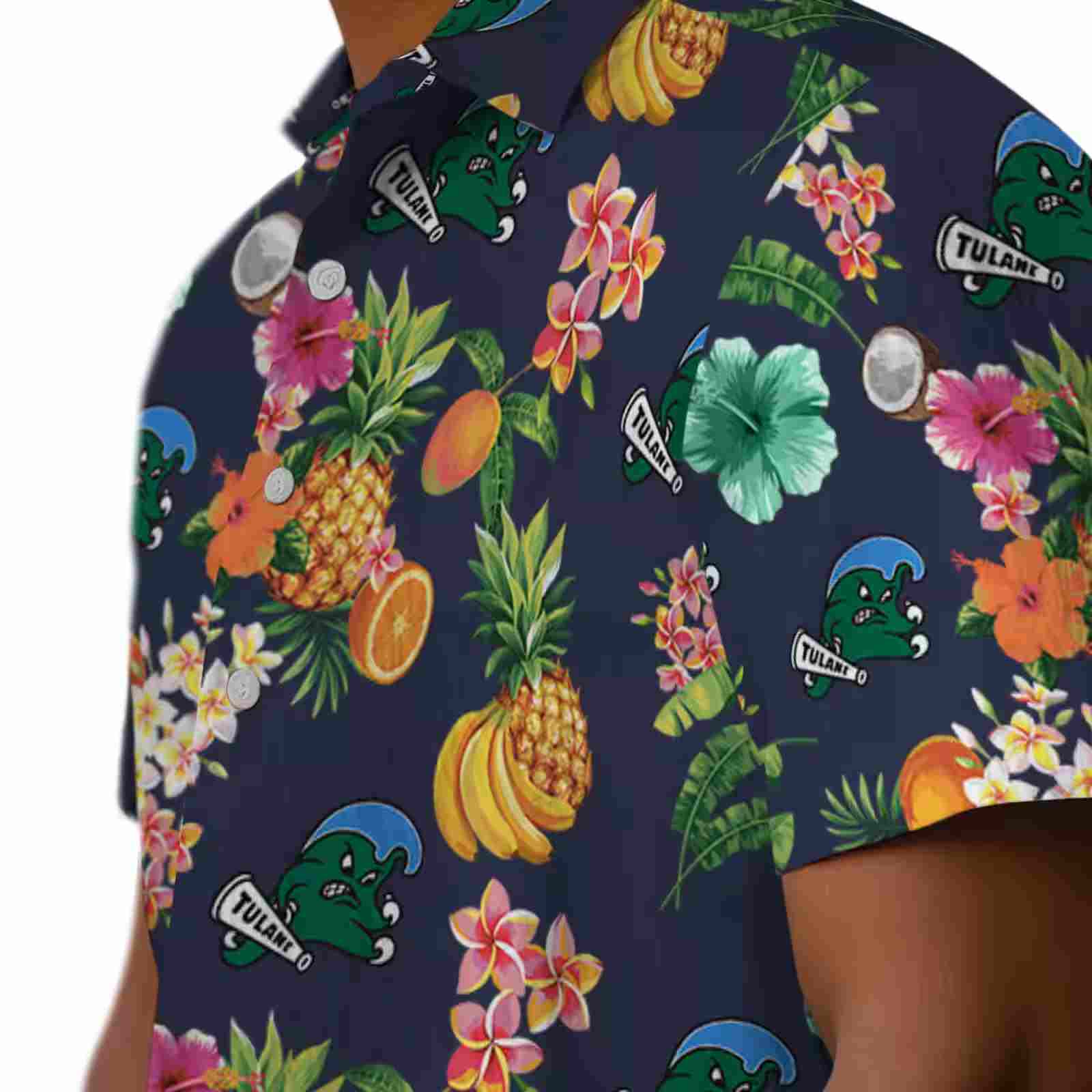 tulane green wave hibiscus and fruit navy blue hawaiian shirt trendy