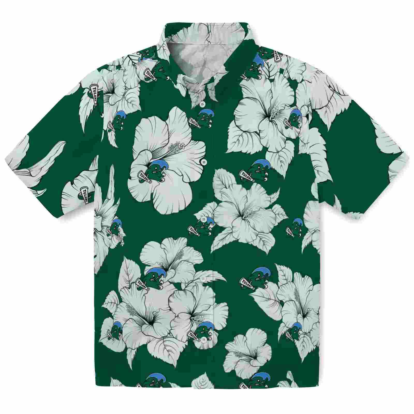 Tulane Green Wave Hibiscus Blooms Green White Hawaiian Shirt