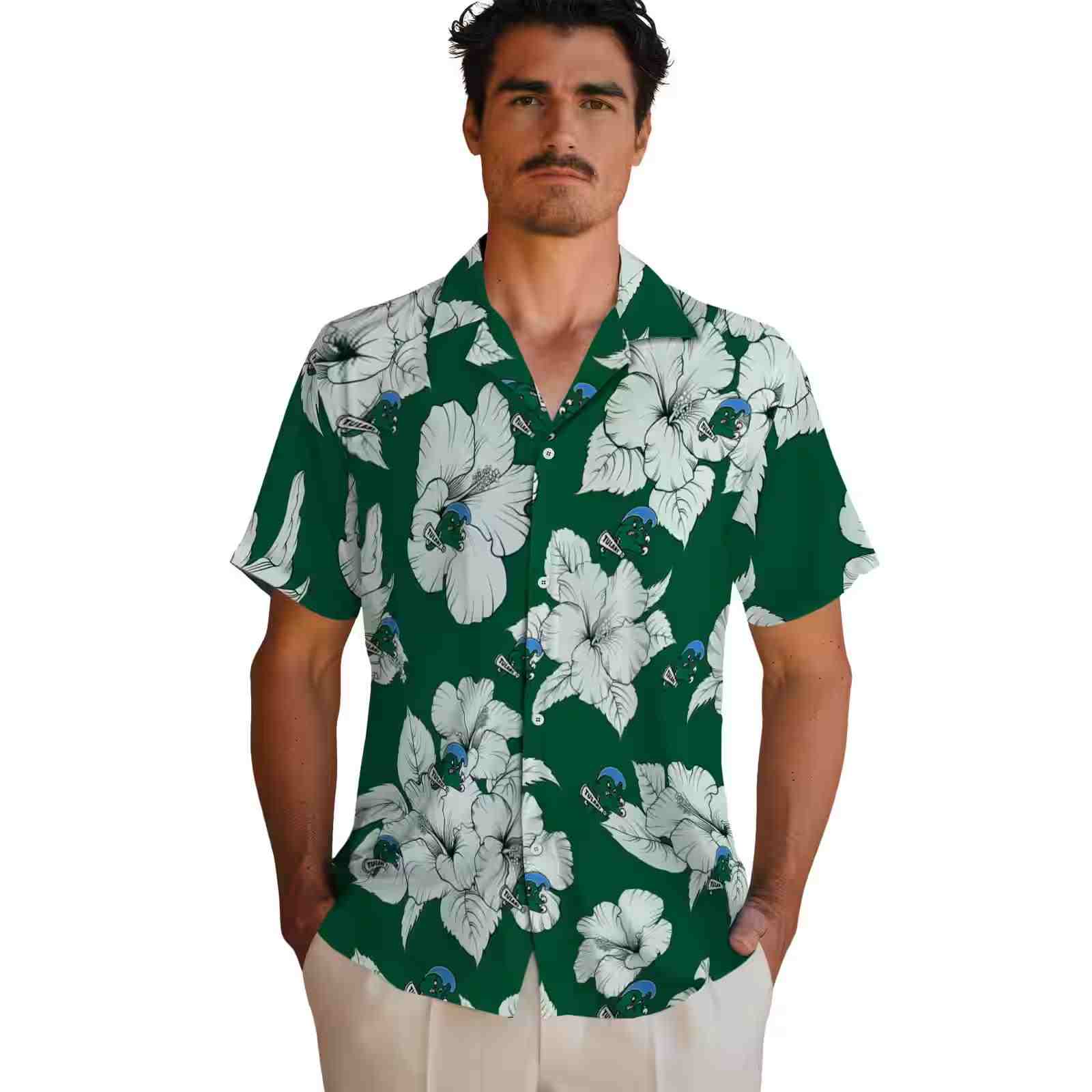 tulane green wave hibiscus blooms green white hawaiian shirt fashion forward